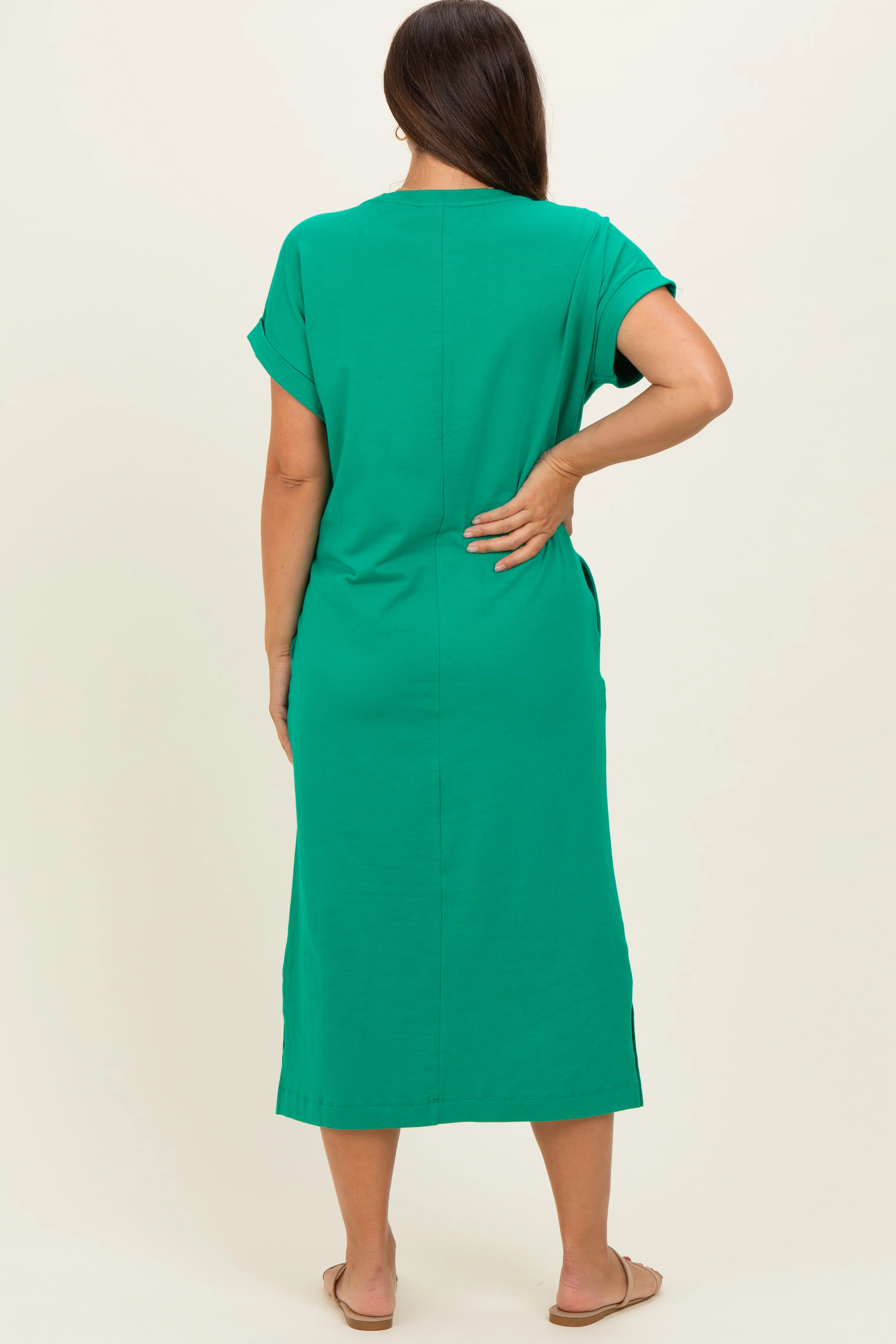 Kelly Green Pocket Front Maternity Midi T-Shirt Dress - Image 3
