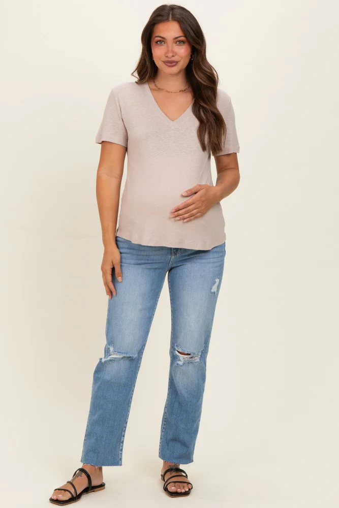 Khaki Linen Blend V-Neck Short Sleeve Maternity T-Shirt - Image 2