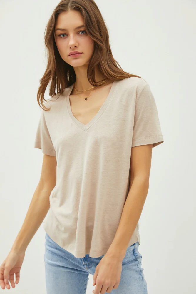Khaki Linen Blend V-Neck Short Sleeve Maternity T-Shirt - Image 4
