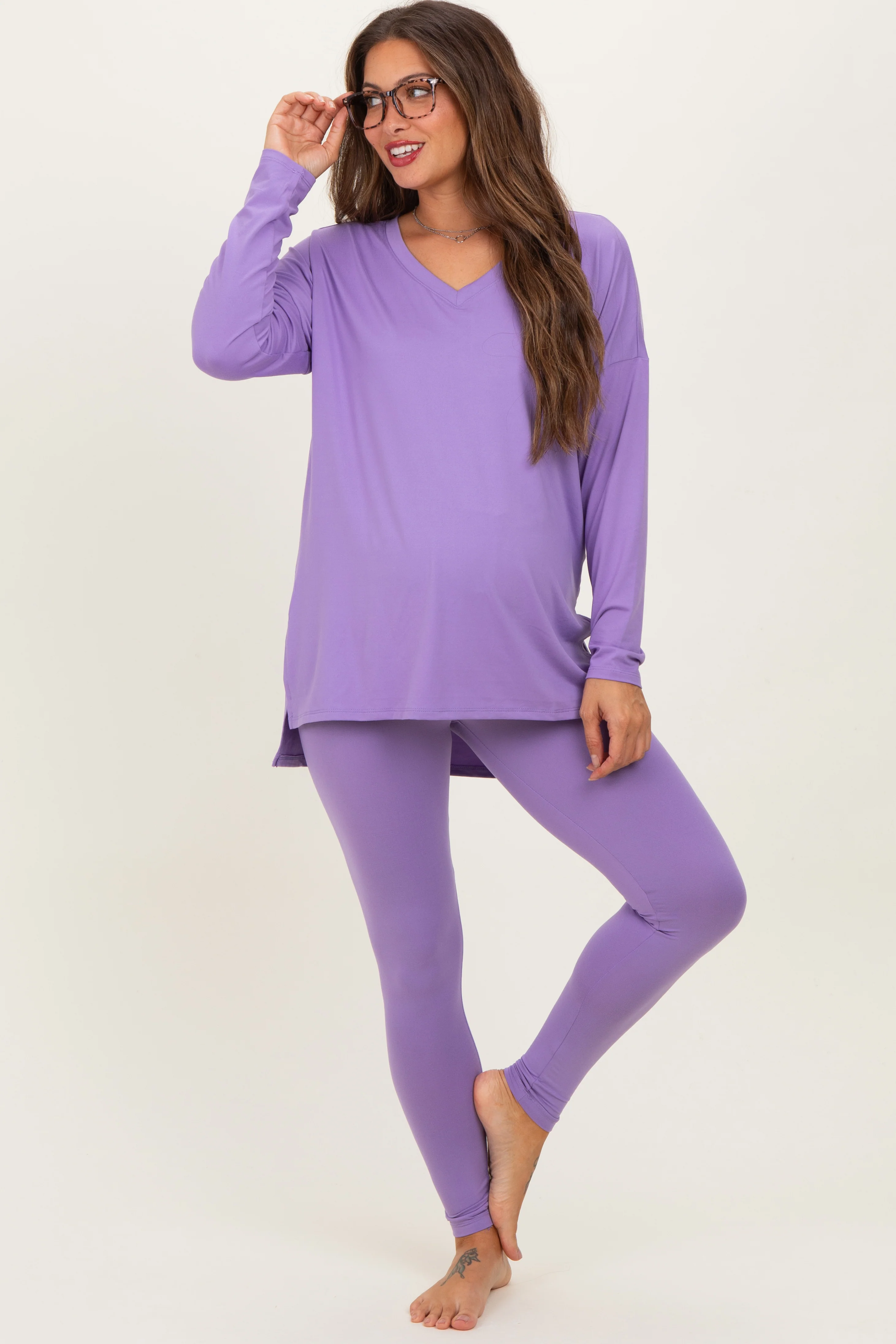 Lavender Brushed Knit Maternity Oversized Top and Legging Set