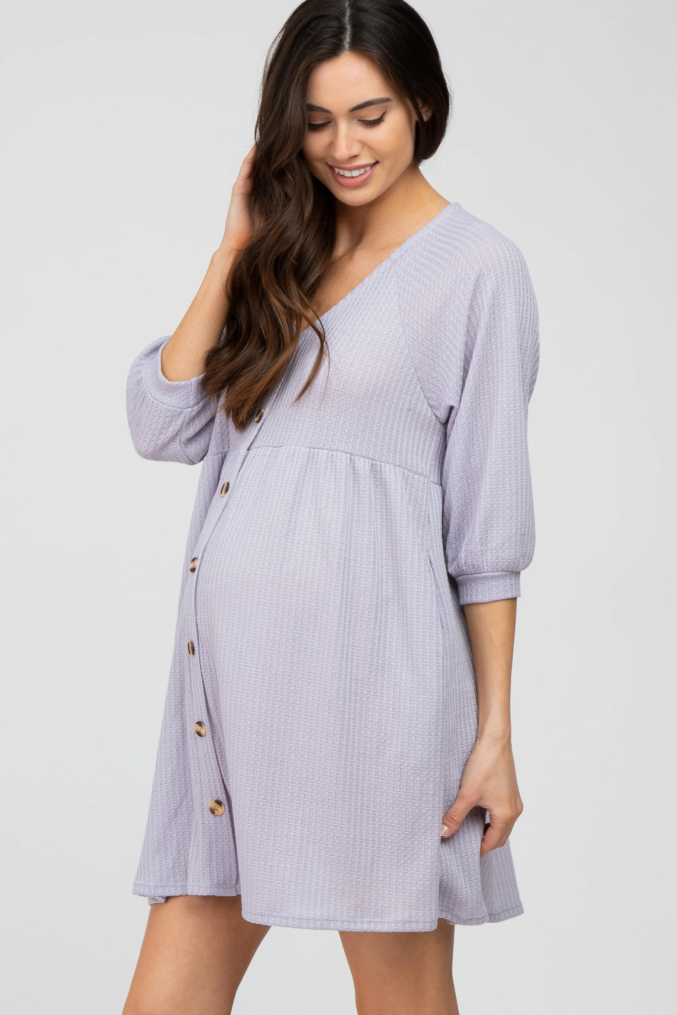 Lavender Button Accent 3/4 Sleeve Maternity Dress - Image 3