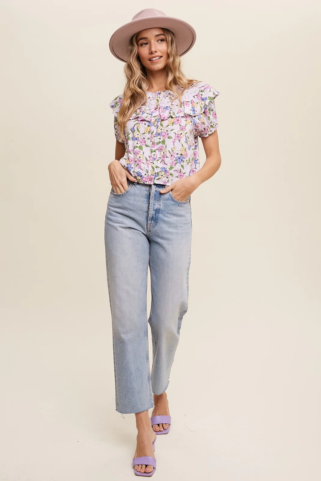 Lavender Button Front Ruffled Lace Detail Crop Blouse Top - Image 4