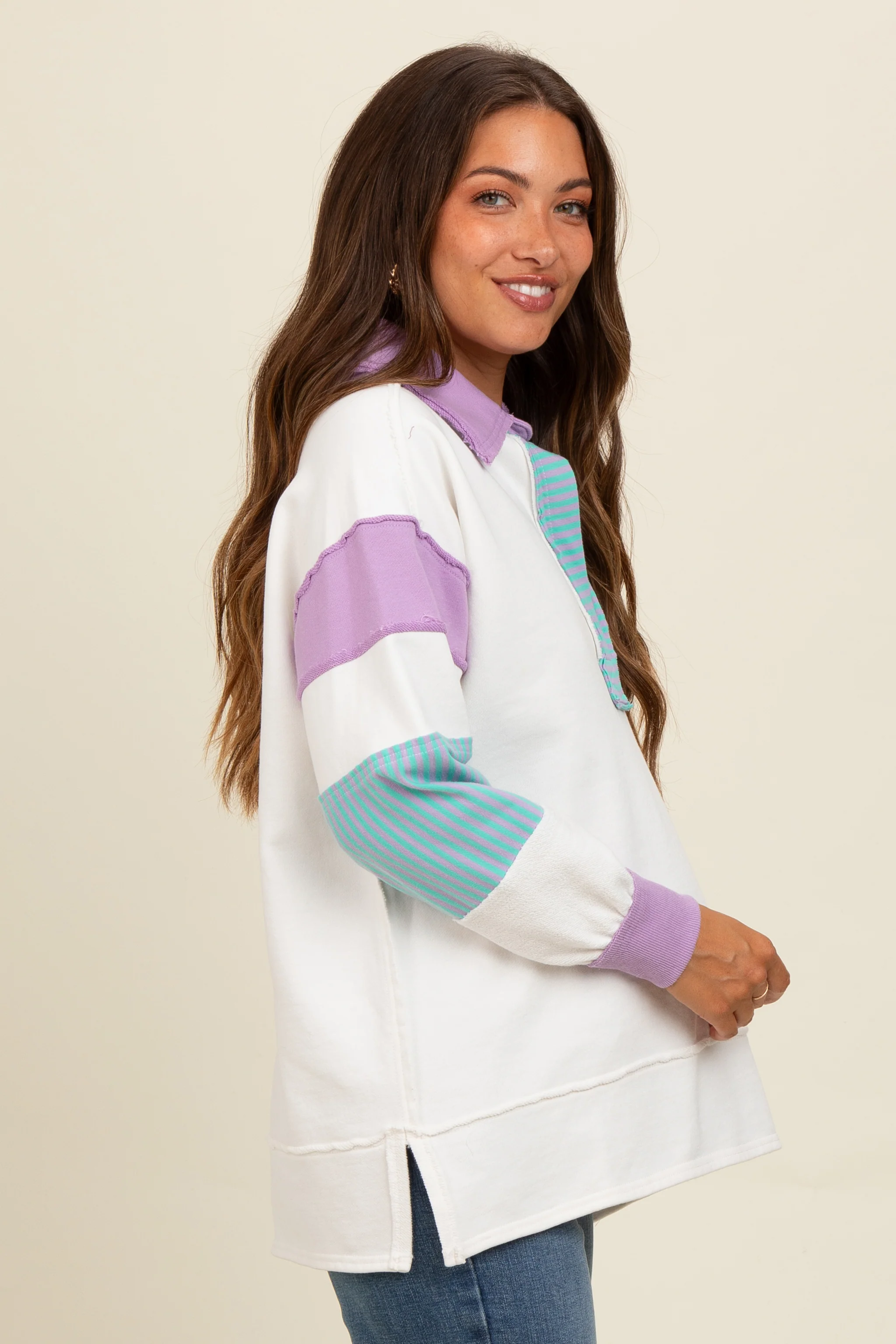 Lavender Colorblock Stripe Polo Maternity Sweatshirt - Image 3