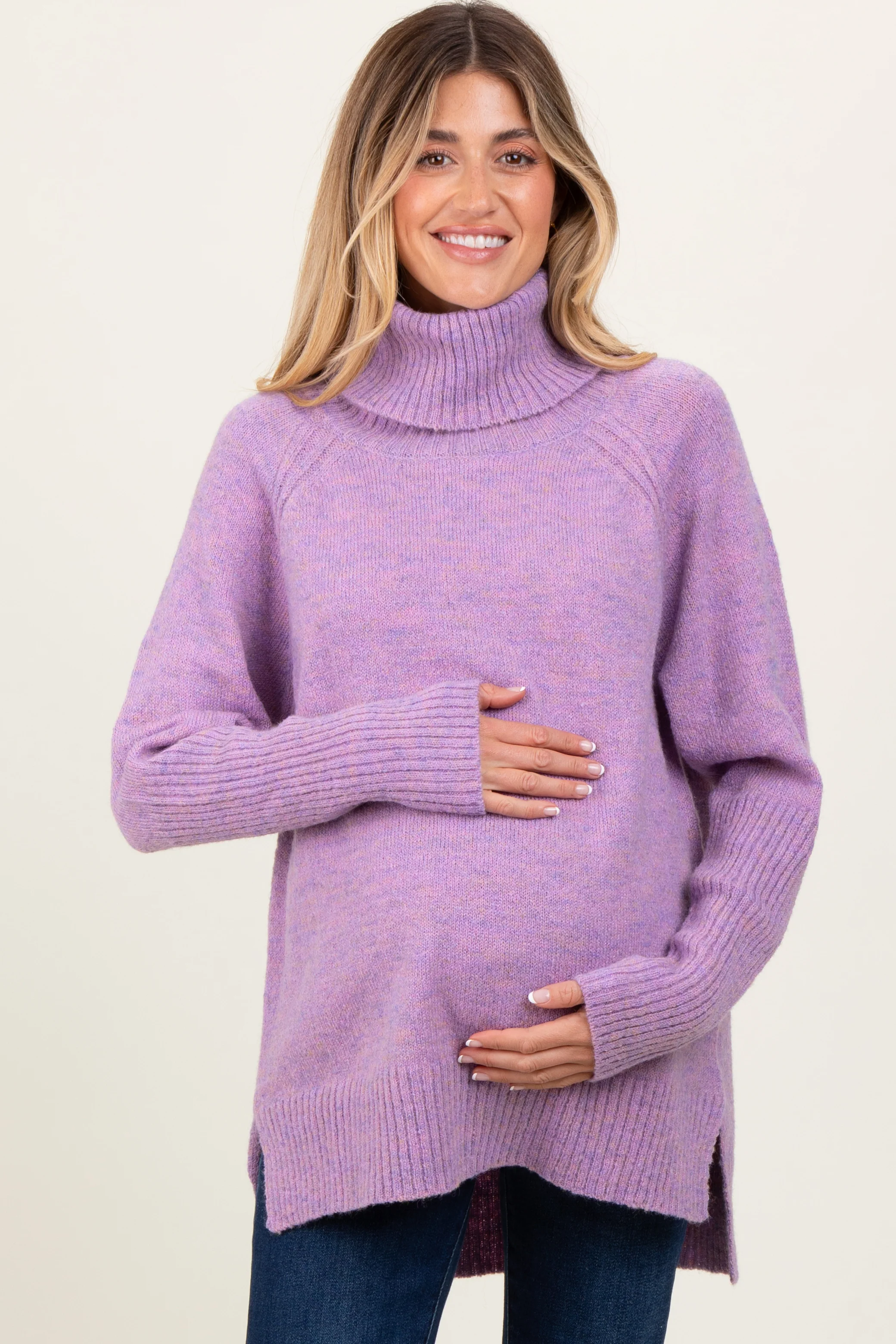 Lavender Contrast Rib Turtle Neck Maternity Sweater - Image 2