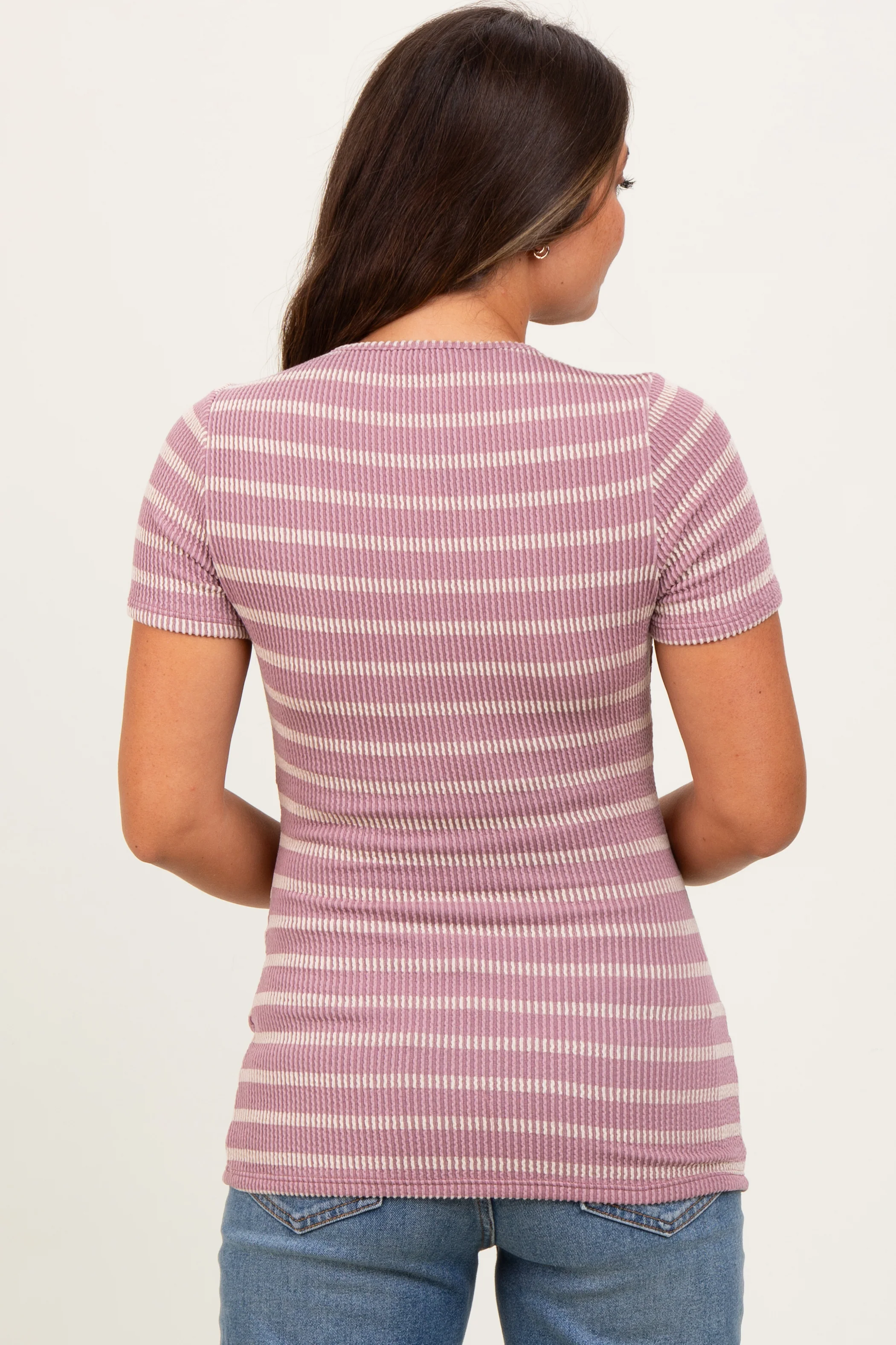 Lavender Cream Stripe Short Sleeve Round Neck Maternity Top - Image 4