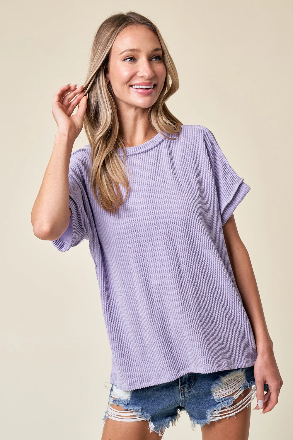Lavender Exposed Seam Short Sleeve Maternity Top - Image 5