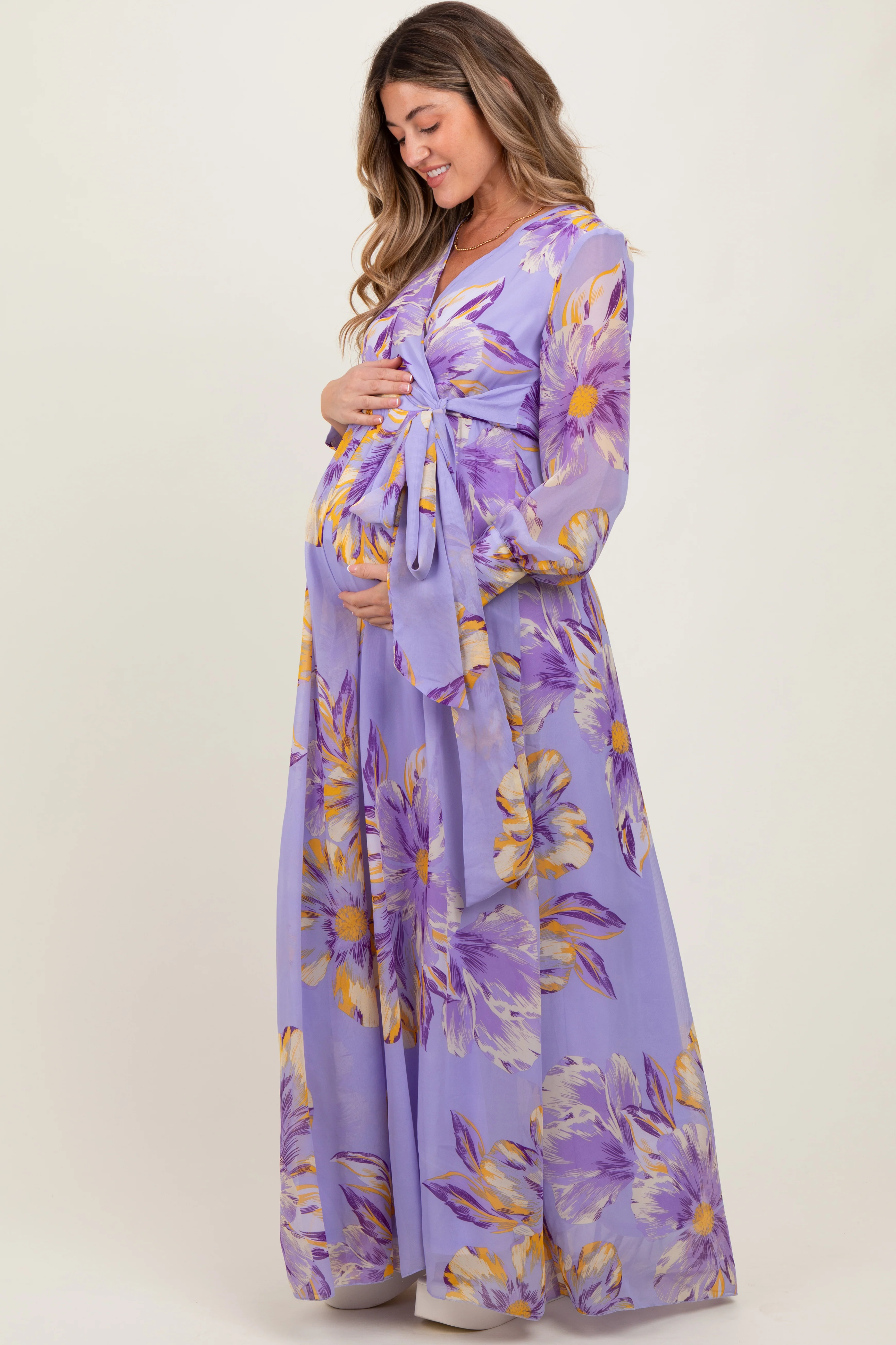 Lavender Floral Chiffon Sash Tie Maternity Wrap Maxi Dress - Image 3