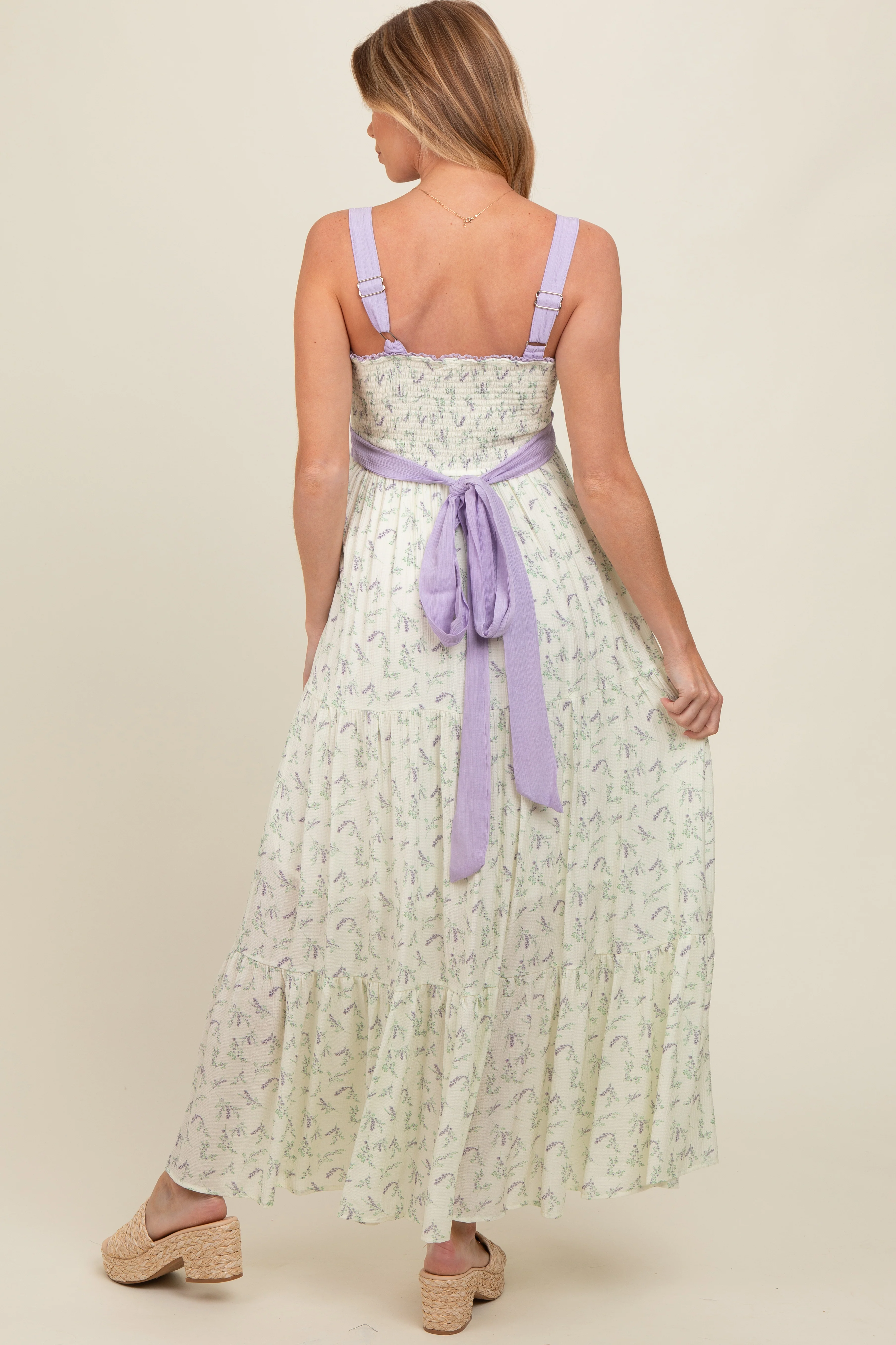 Lavender Floral Contrast Sash Tie Maternity Maxi Dress - Image 4