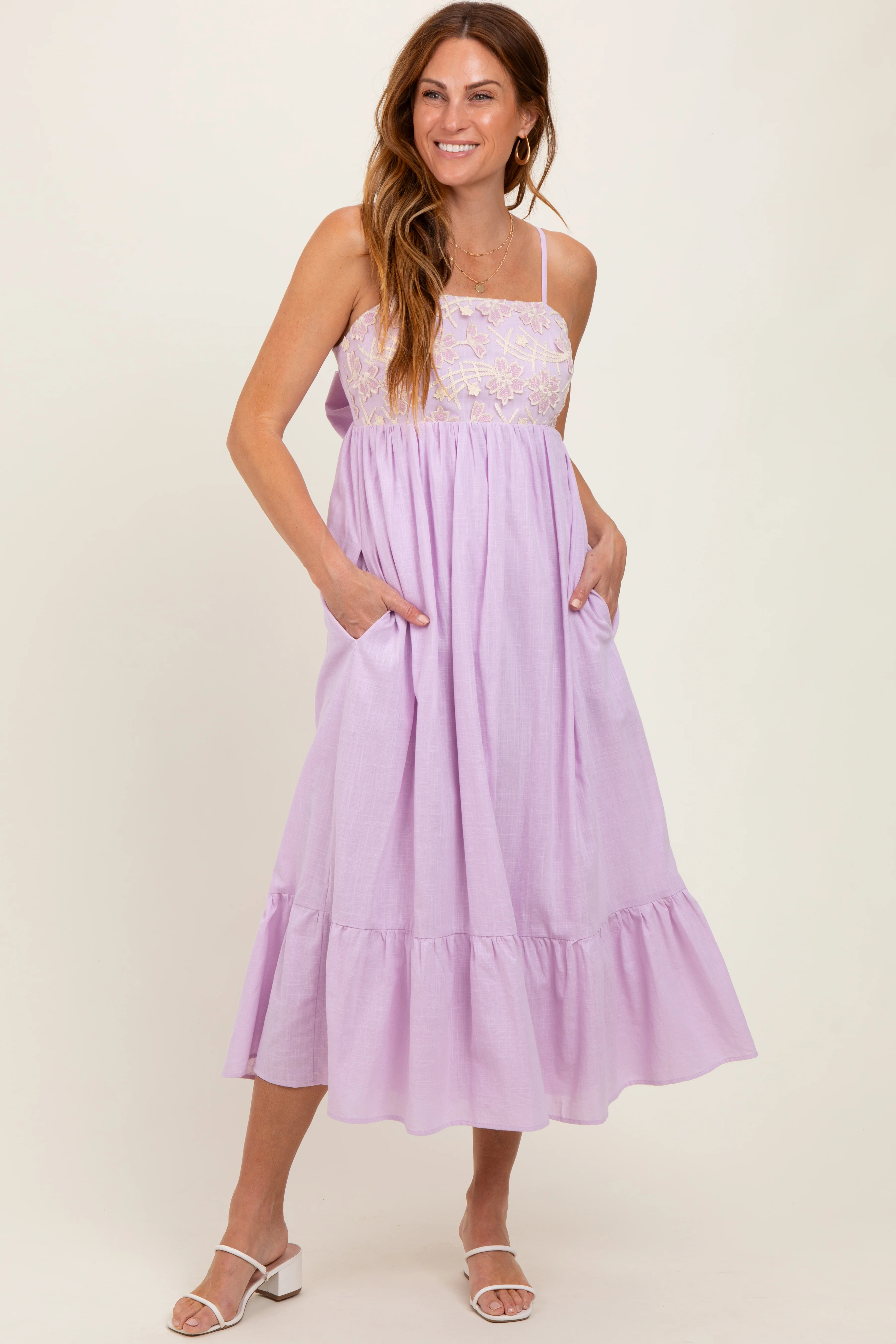 Lavender Floral Embroidery Back Ribbon Maternity Midi Dress - Image 4