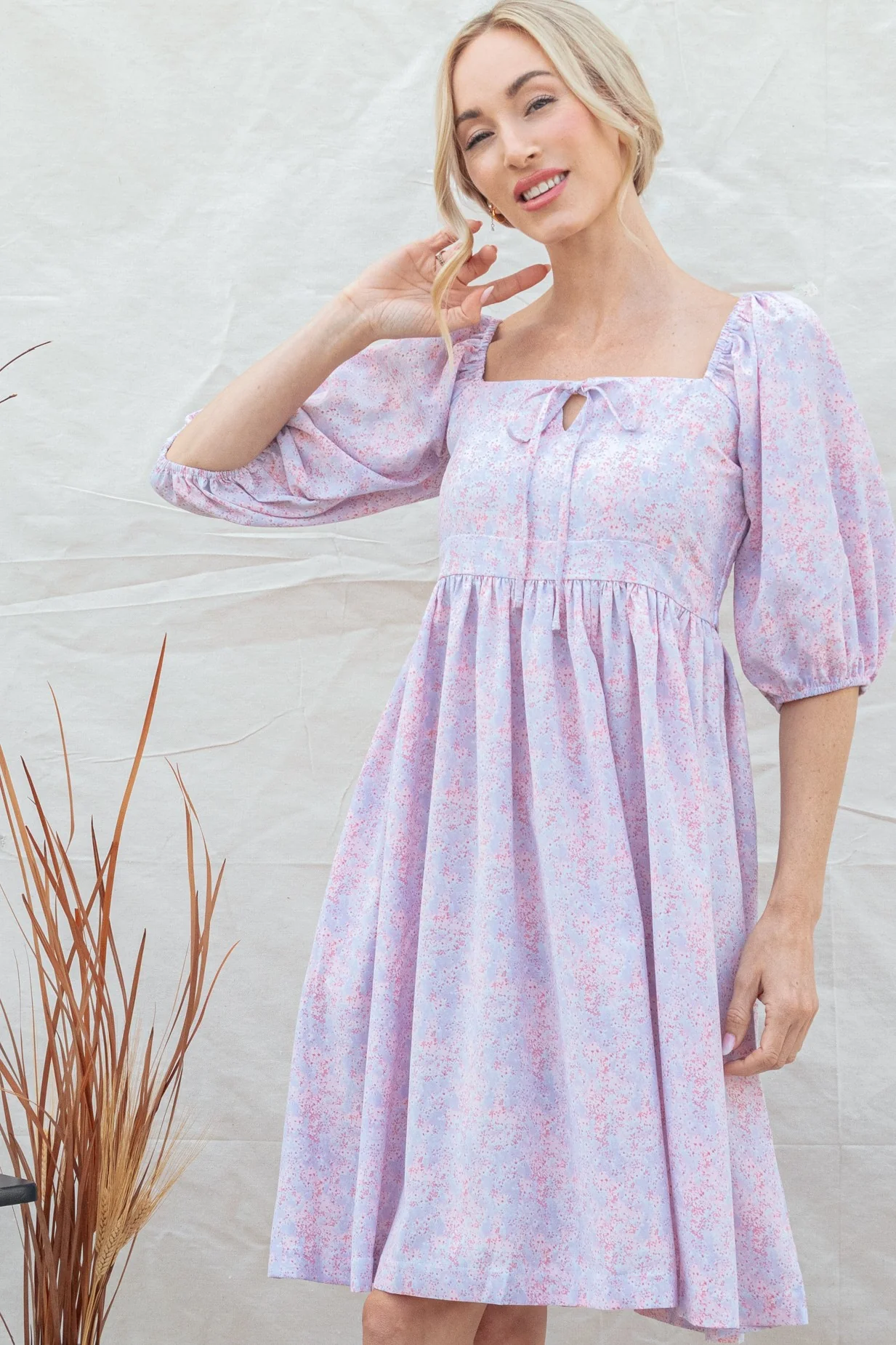 Lavender Floral Front Tie Maternity Dress - Image 4