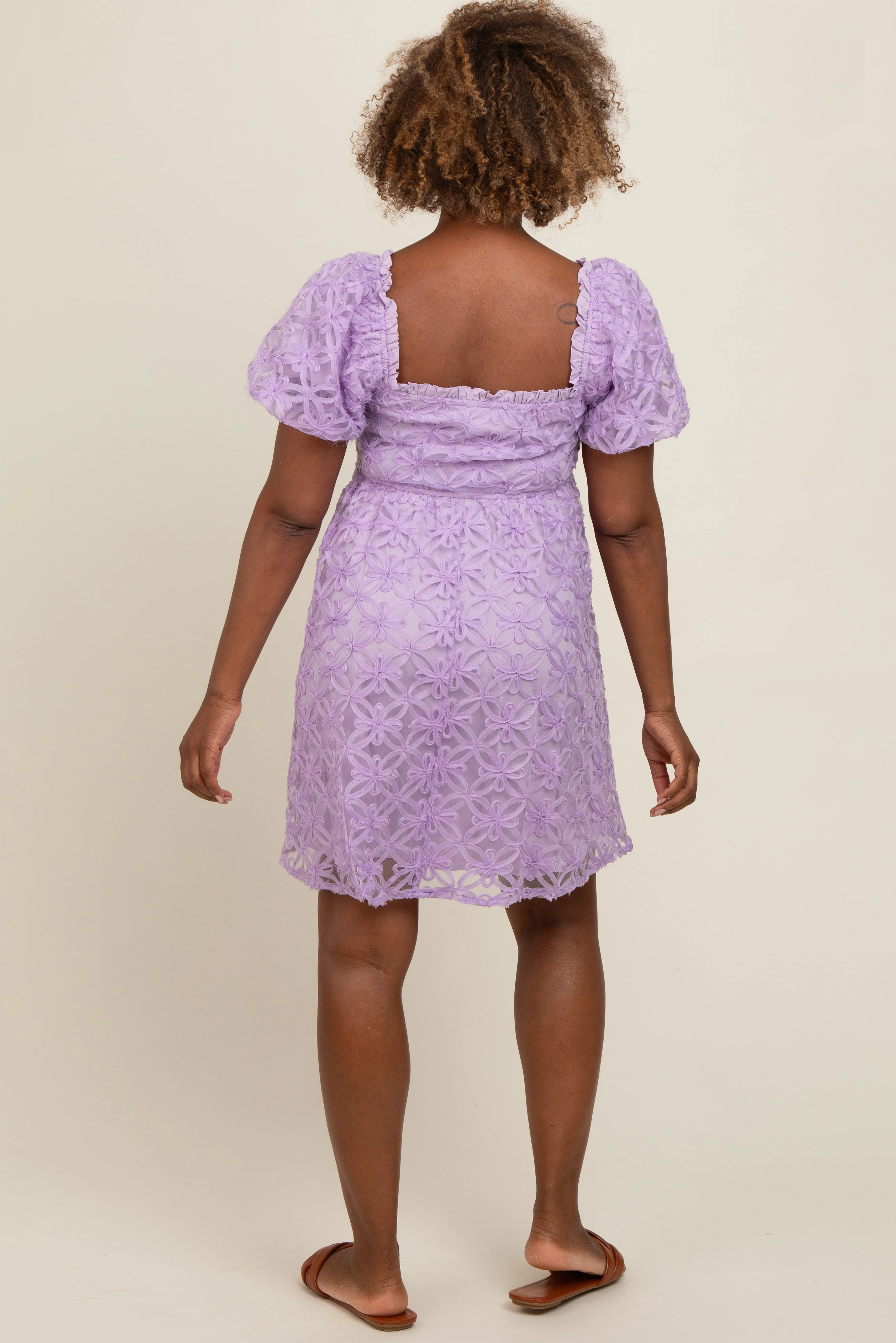Lavender Floral Mesh Lace Puff Sleeve Dress - Image 2