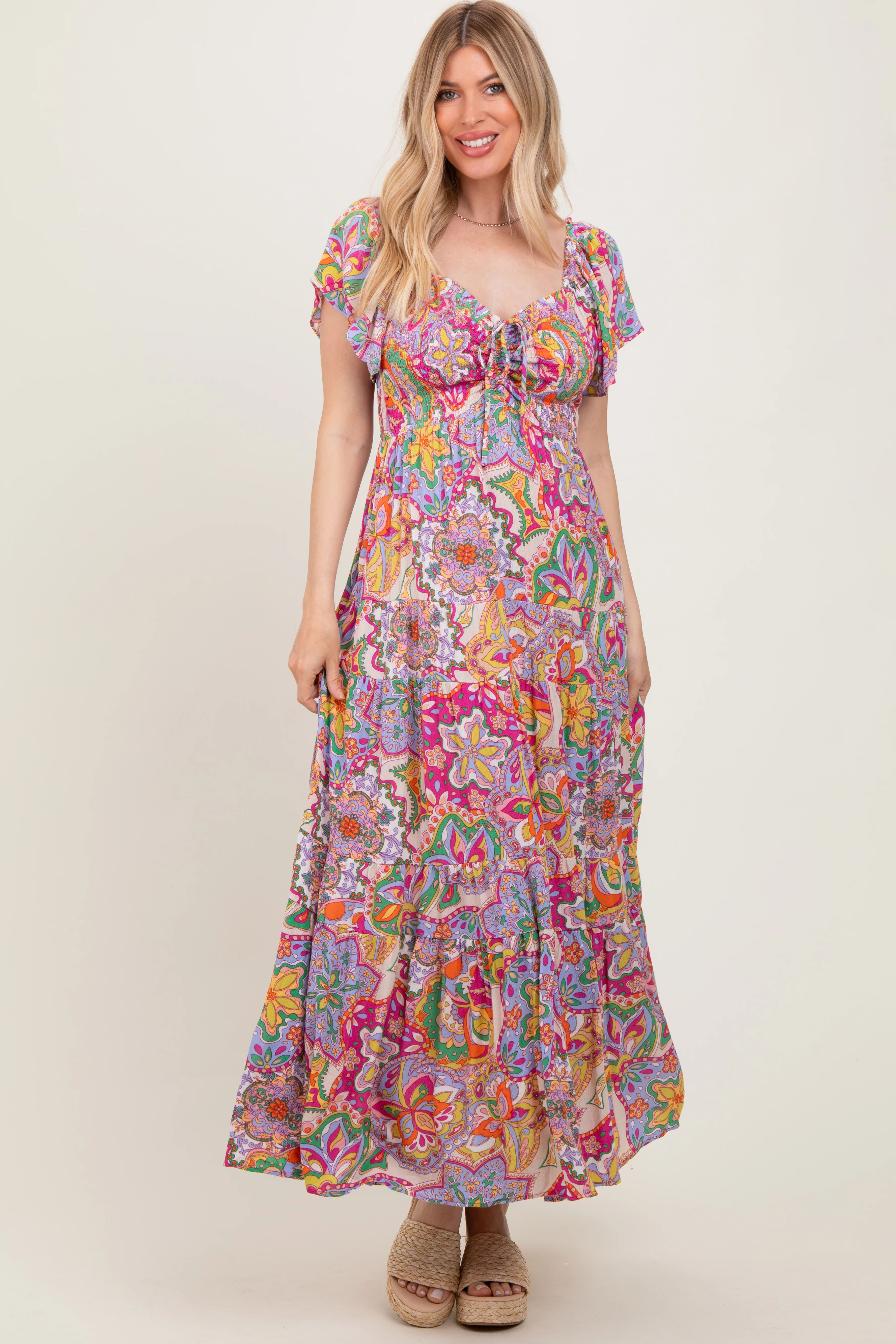 Lavender Floral Paisley Smocked Tiered Maternity Maxi Dress - Image 5