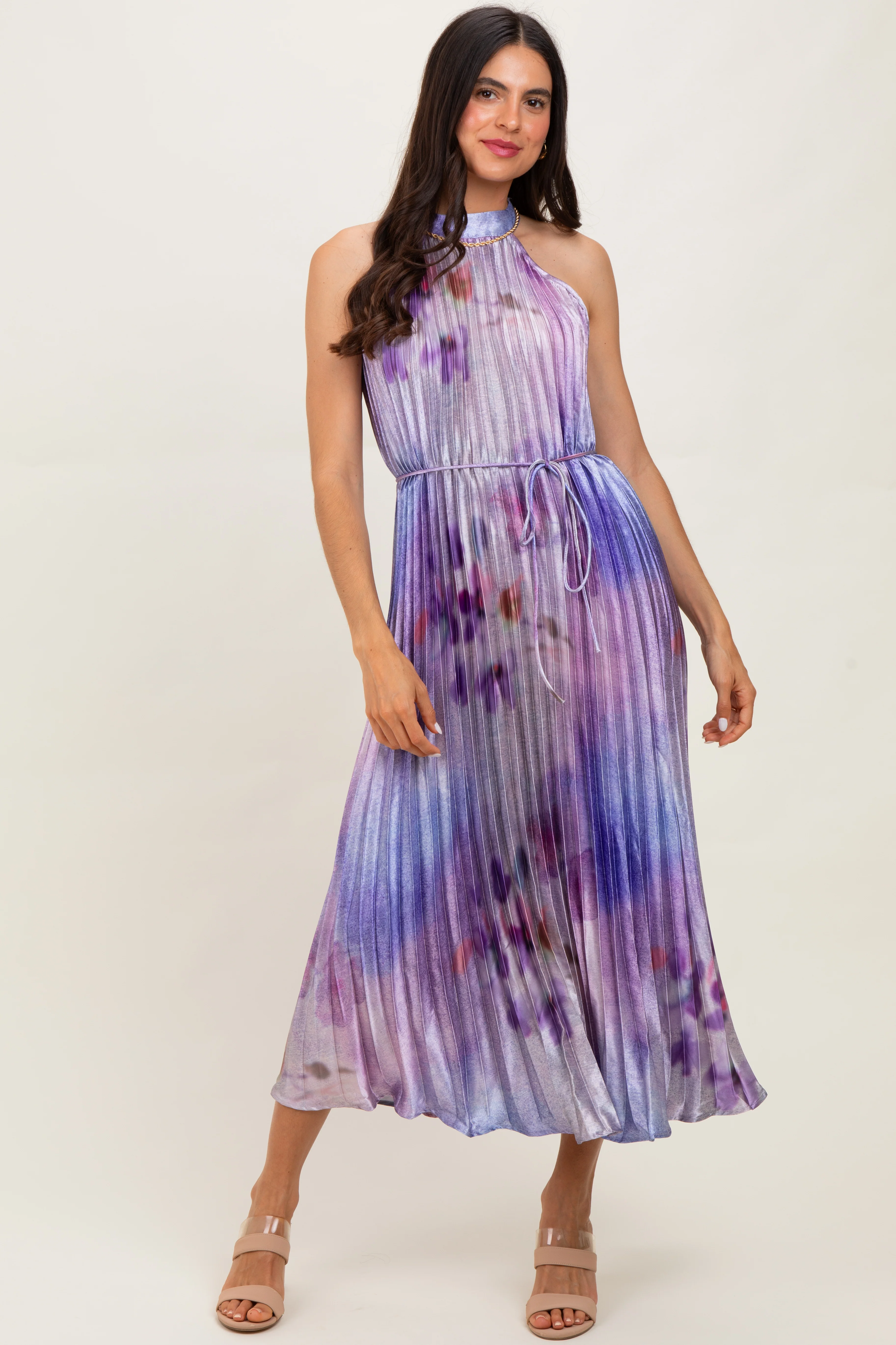 Lavender Floral Pleated Halter Maternity Midi Dress - Image 5