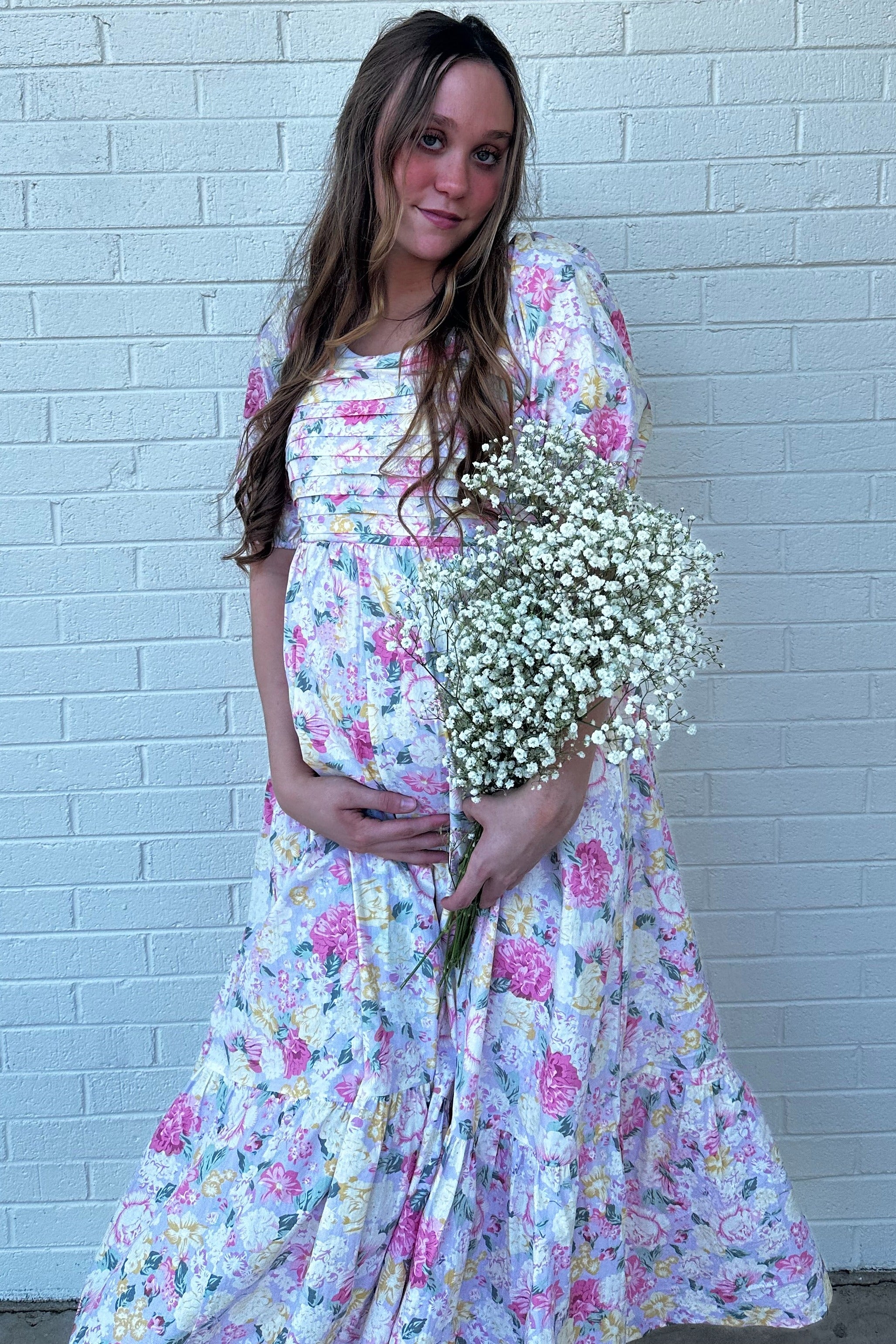 Lavender Floral Pleated Puff Sleeve Maternity Midi Dress - Image 5