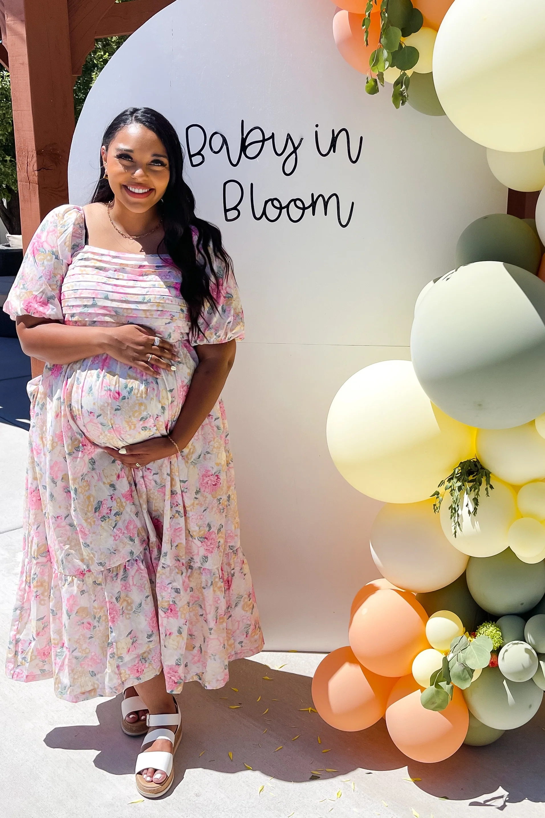 Lavender Floral Pleated Puff Sleeve Maternity Midi Dress - Image 8