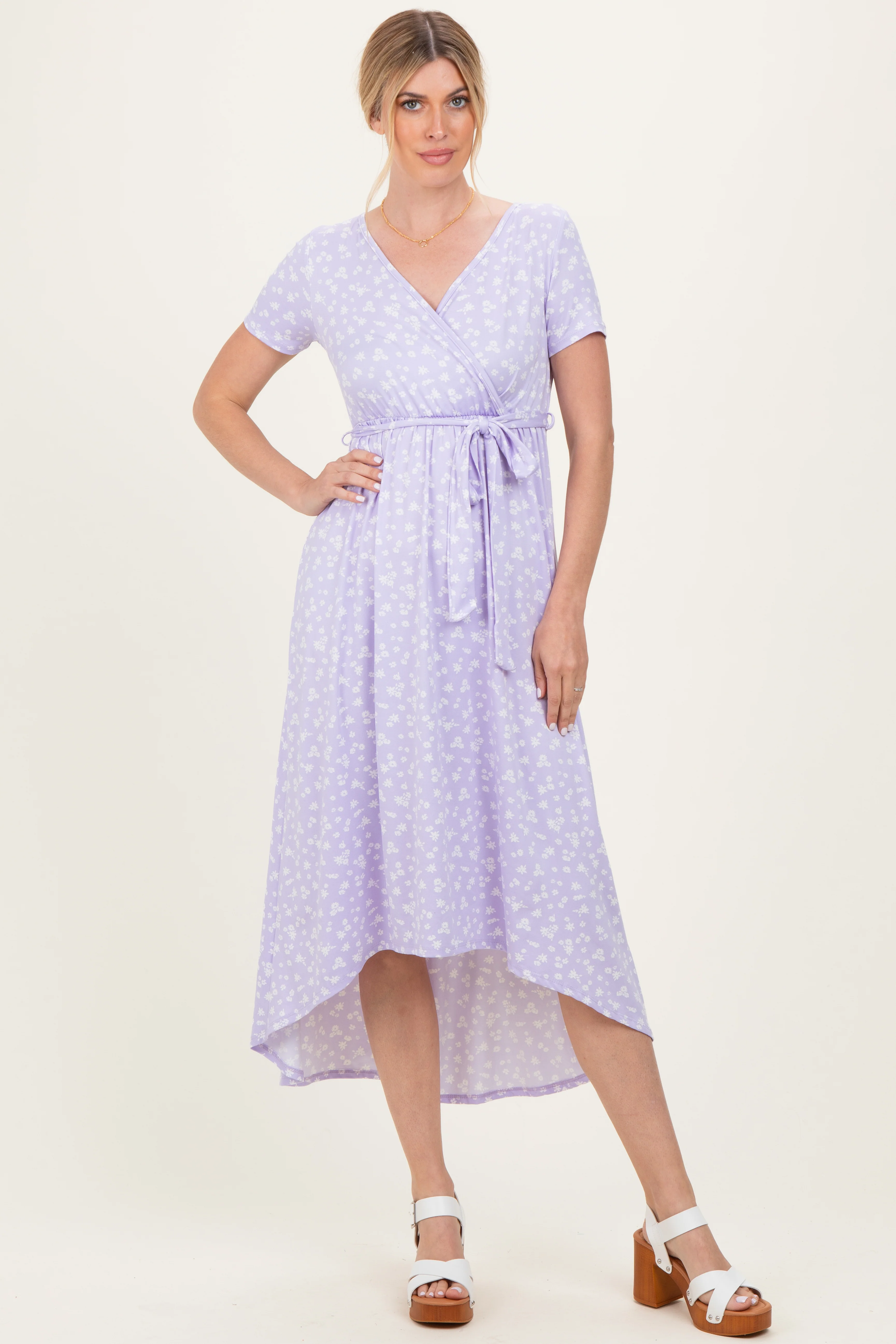 Lavender Floral Print Short Sleeve Hi-Low Maternity Wrap Dress - Image 4