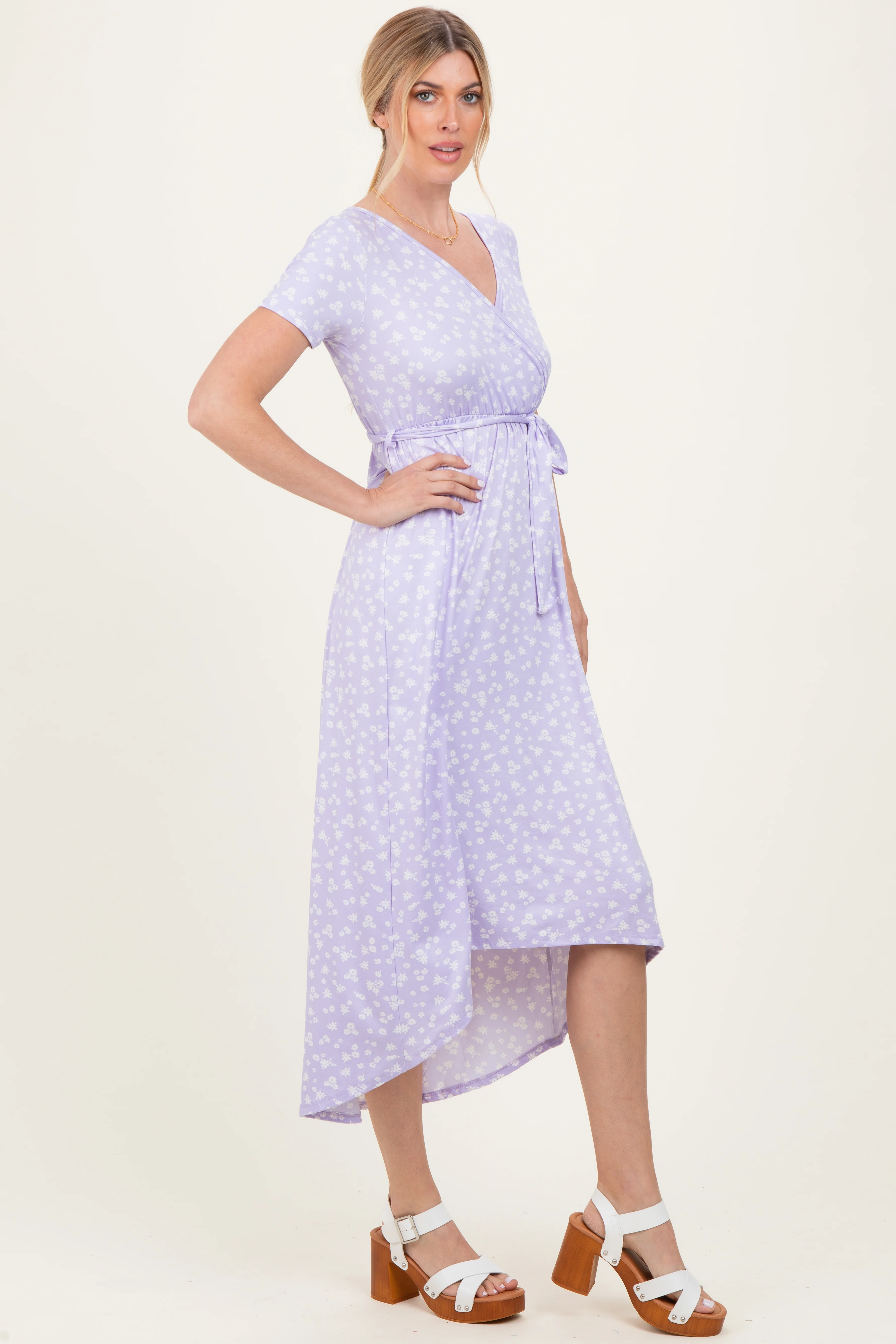 Lavender Floral Print Short Sleeve Hi-Low Wrap Dress - Image 3