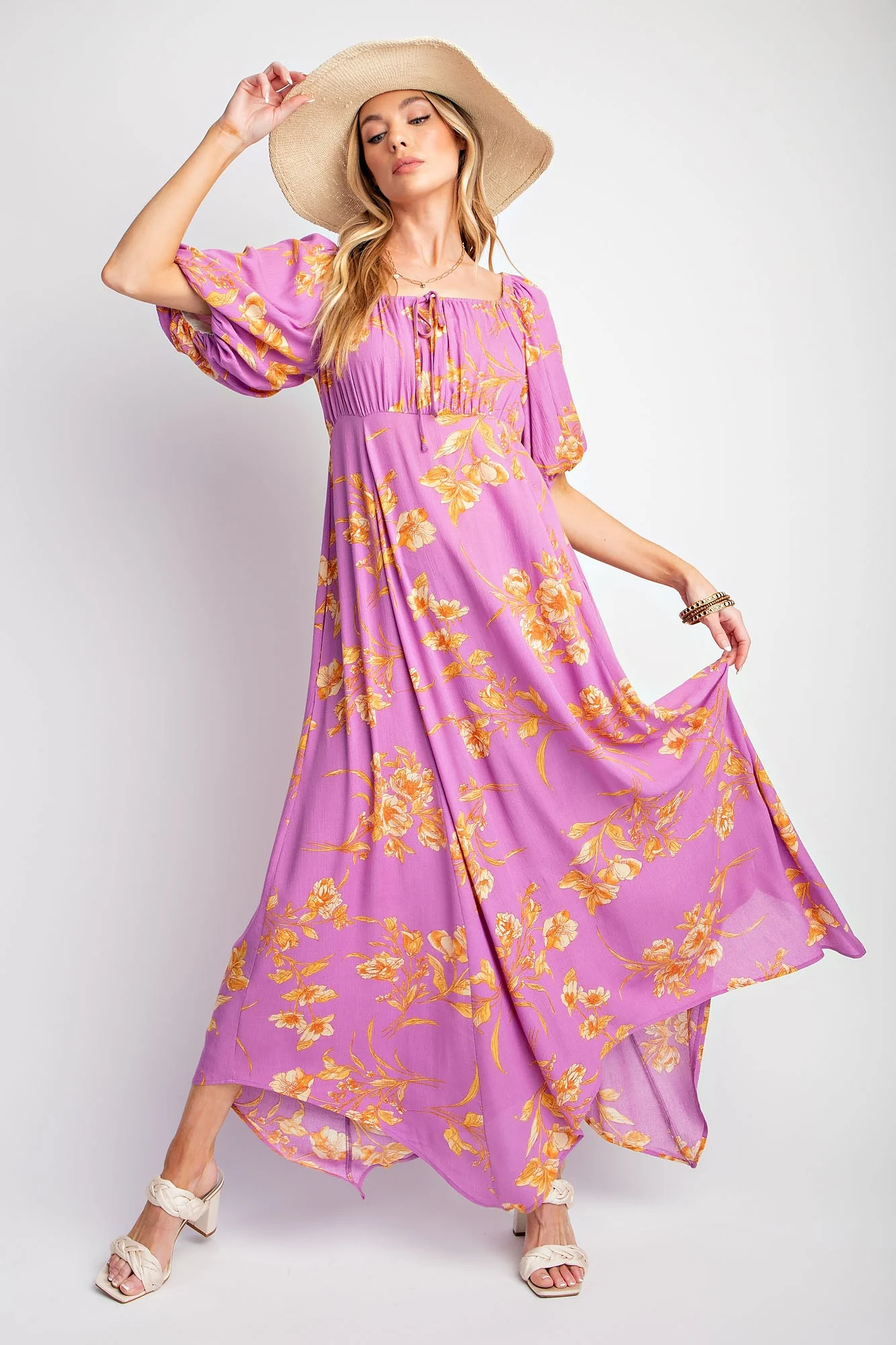 Lavender Floral Puff Sleeve Maternity Maxi Dress - Image 5