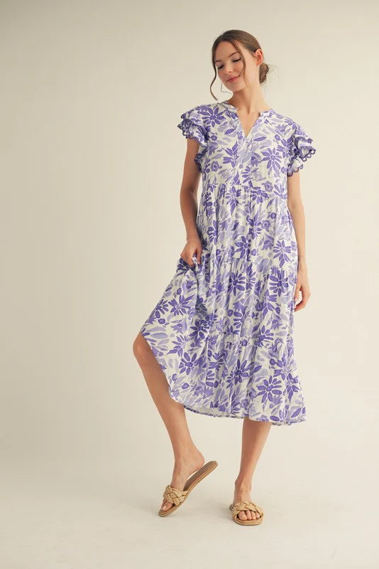 Lavender Floral Ruffle Sleeve Tiered Midi Dress - Image 3