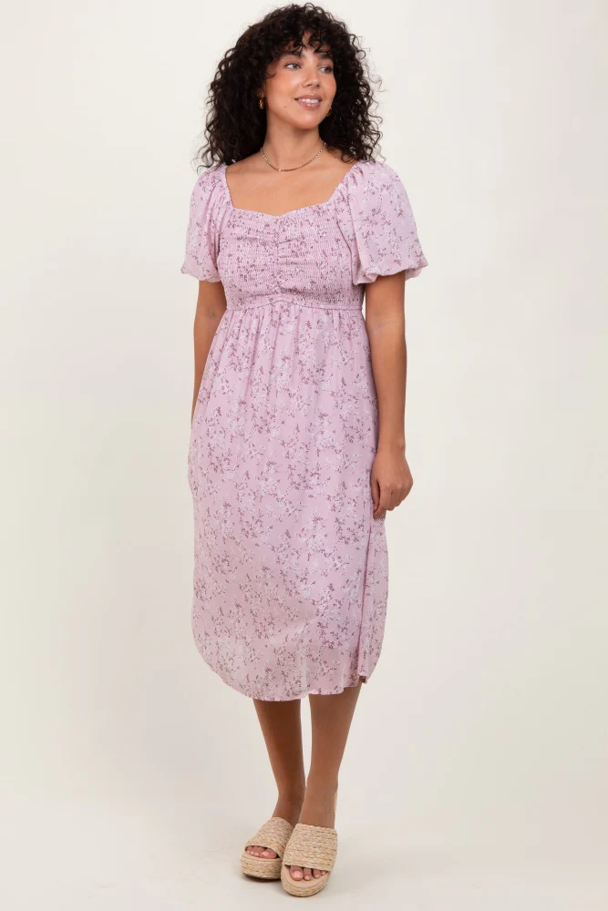 Lavender Floral Smocked Short Sleeve Midi Dress - Image 2