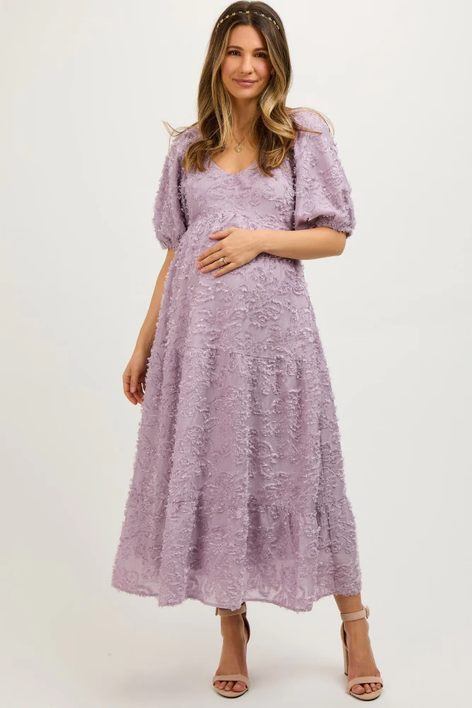 Lavender Fringe Textured Short Puff Sleeve Maternity Midi Dress - Image 3