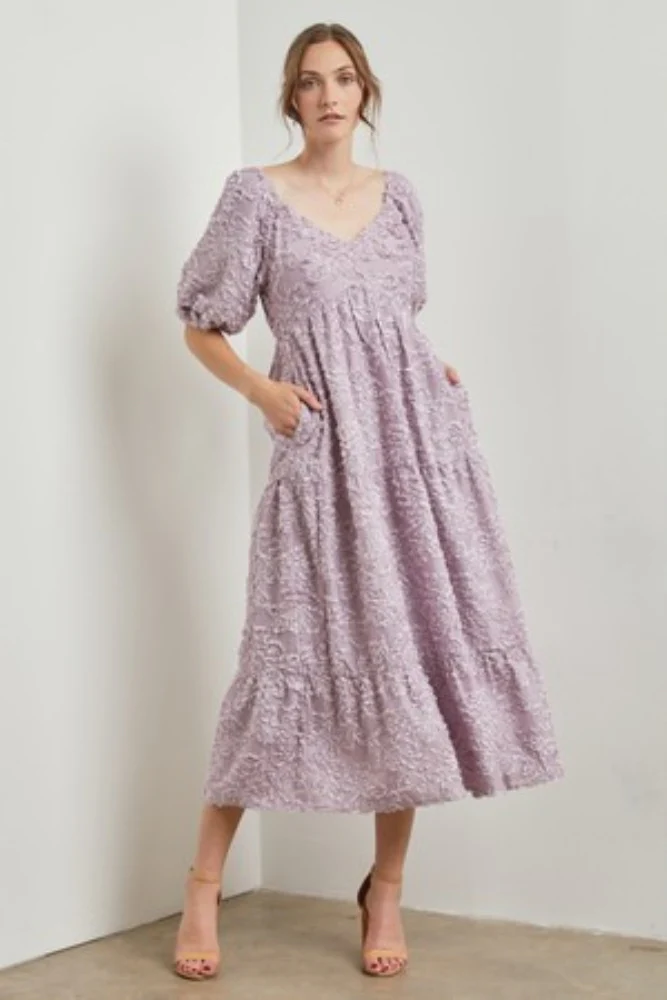 Lavender Fringe Textured Short Puff Sleeve Maternity Midi Dress - Image 8