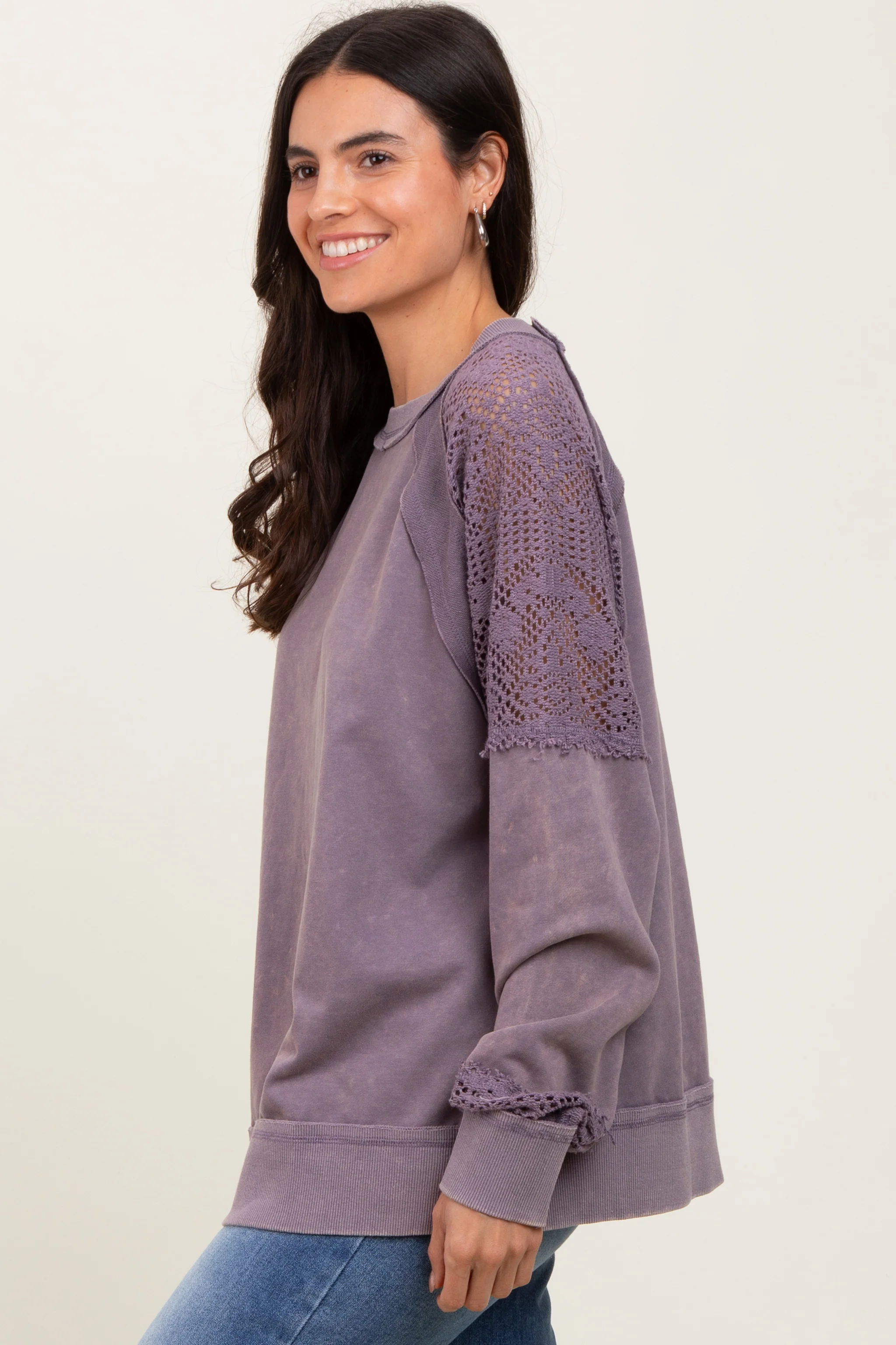 Lavender Lace Inset Exposed Seam Pullover Top - Image 3