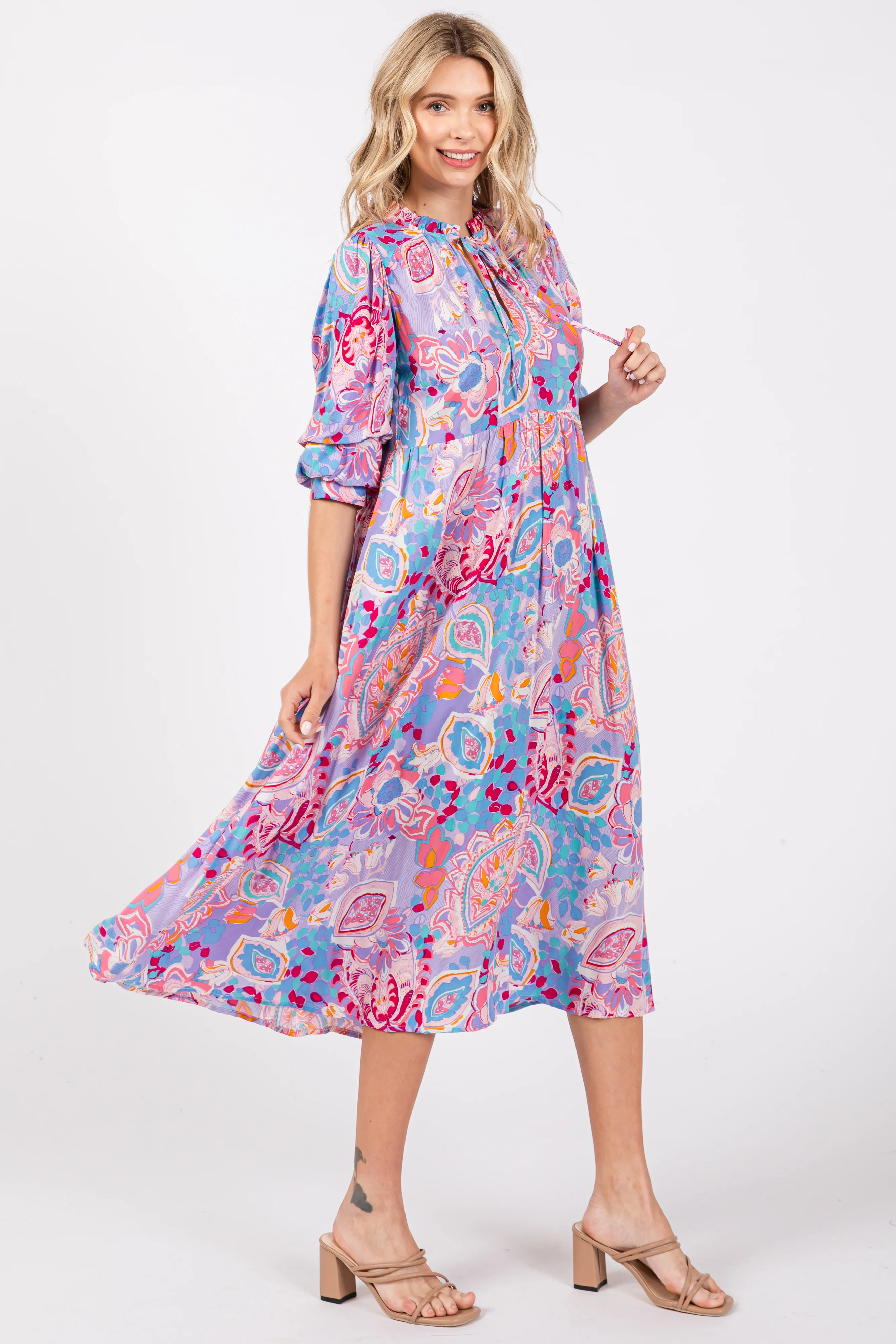 Lavender Paisley Print Tiered A-Line Midi Dress - Image 2