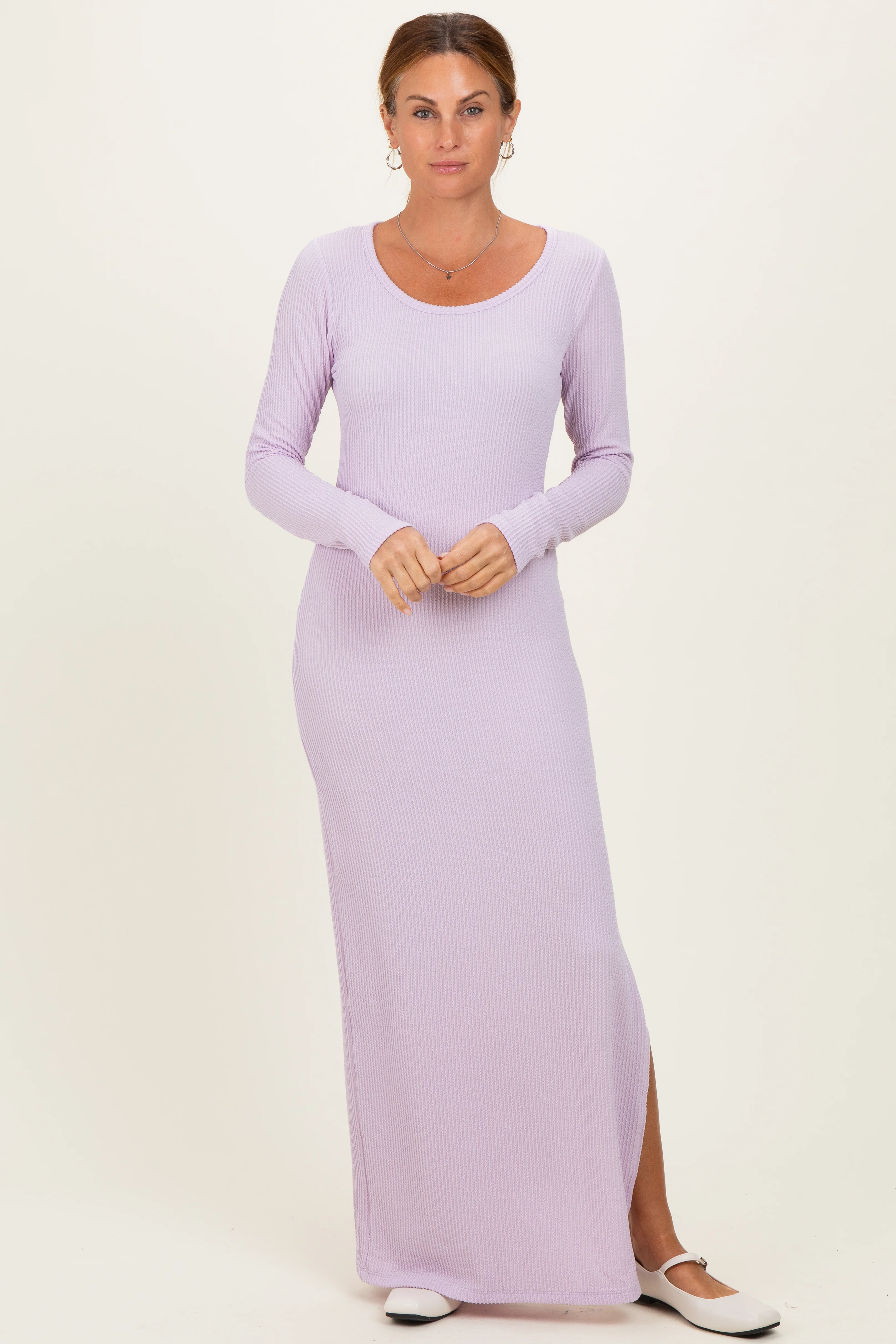 Lavender Ribbed Long Sleeve Side Slit Maternity Maxi Dress - Image 5