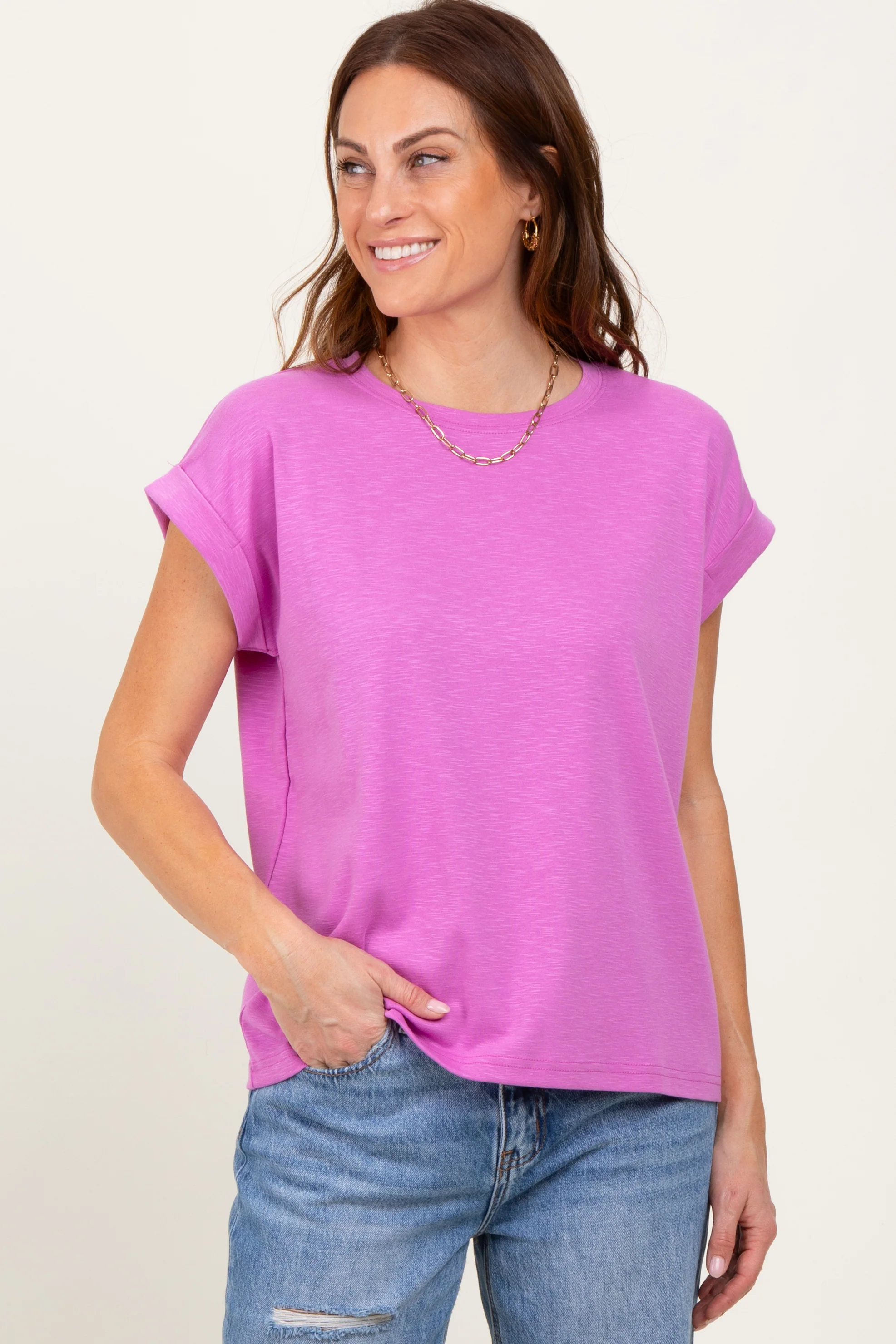 Lavender Rolled Short Sleeve Maternity Tee - Image 4
