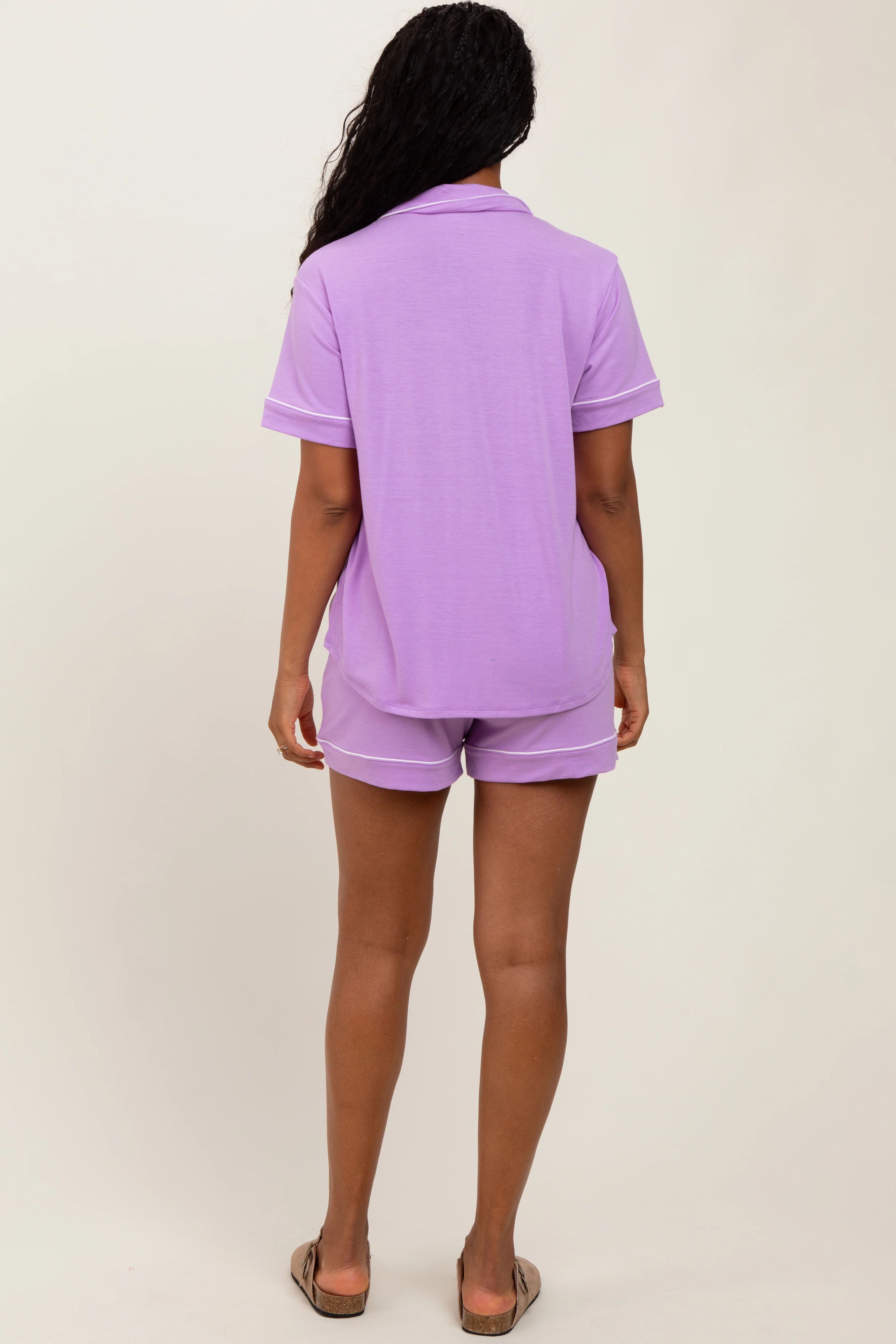 Lavender Short Sleeve Button Down Shirt Shorts Set - Image 4