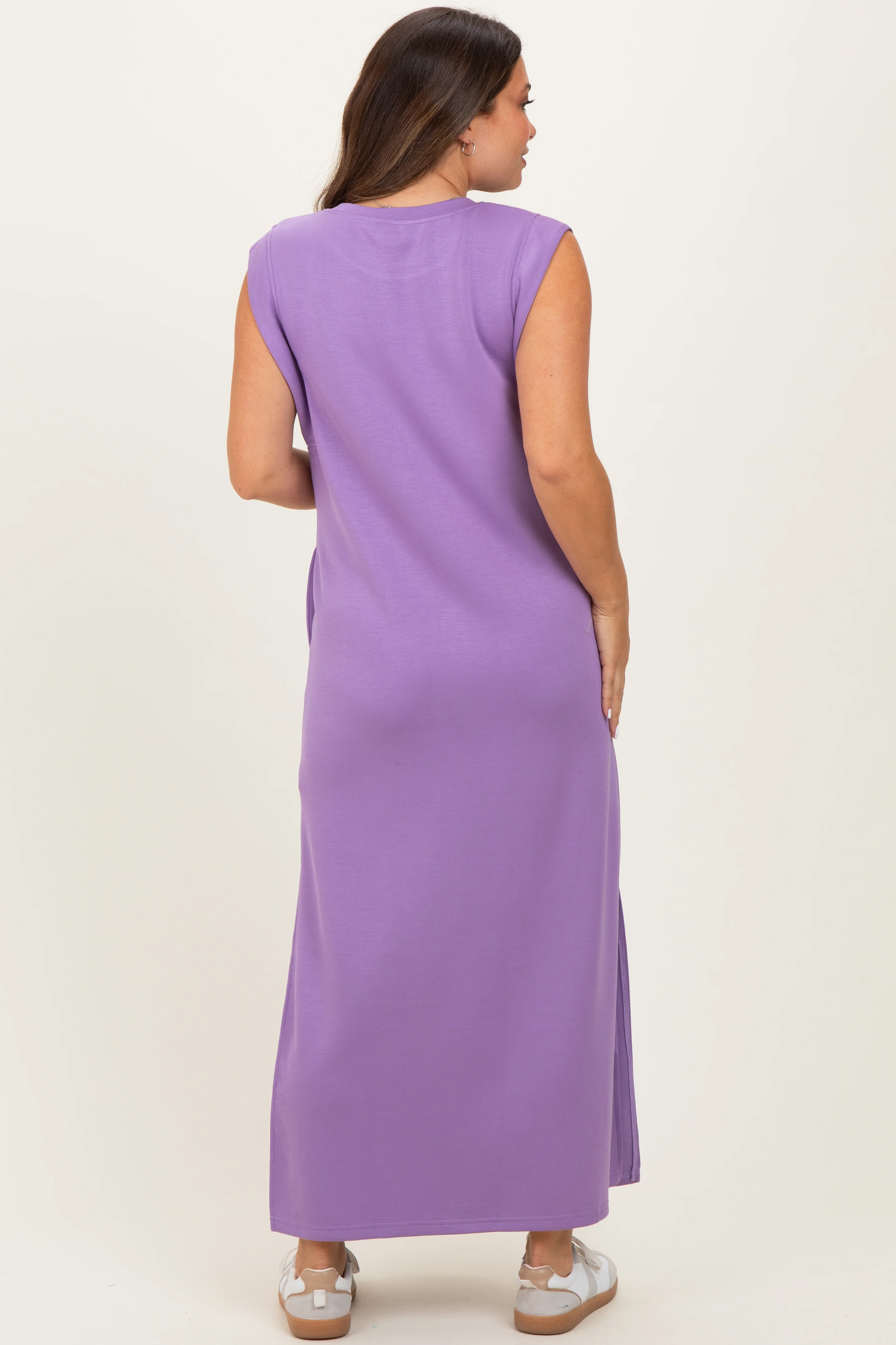 Lavender Sleeveless Side Slit Maternity Midi Dress - Image 4
