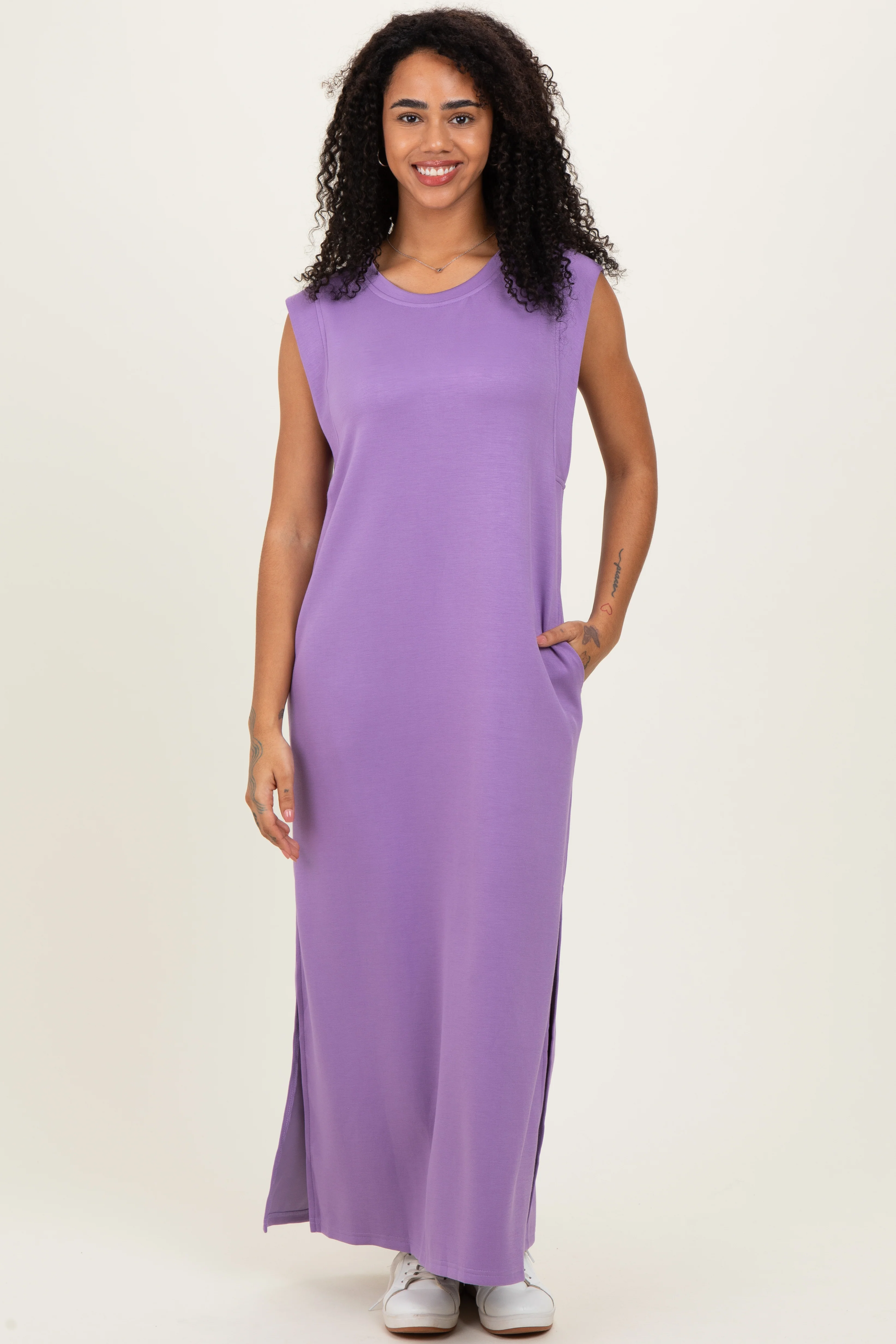 Lavender Sleeveless Side Slit Maternity Midi Dress - Image 5