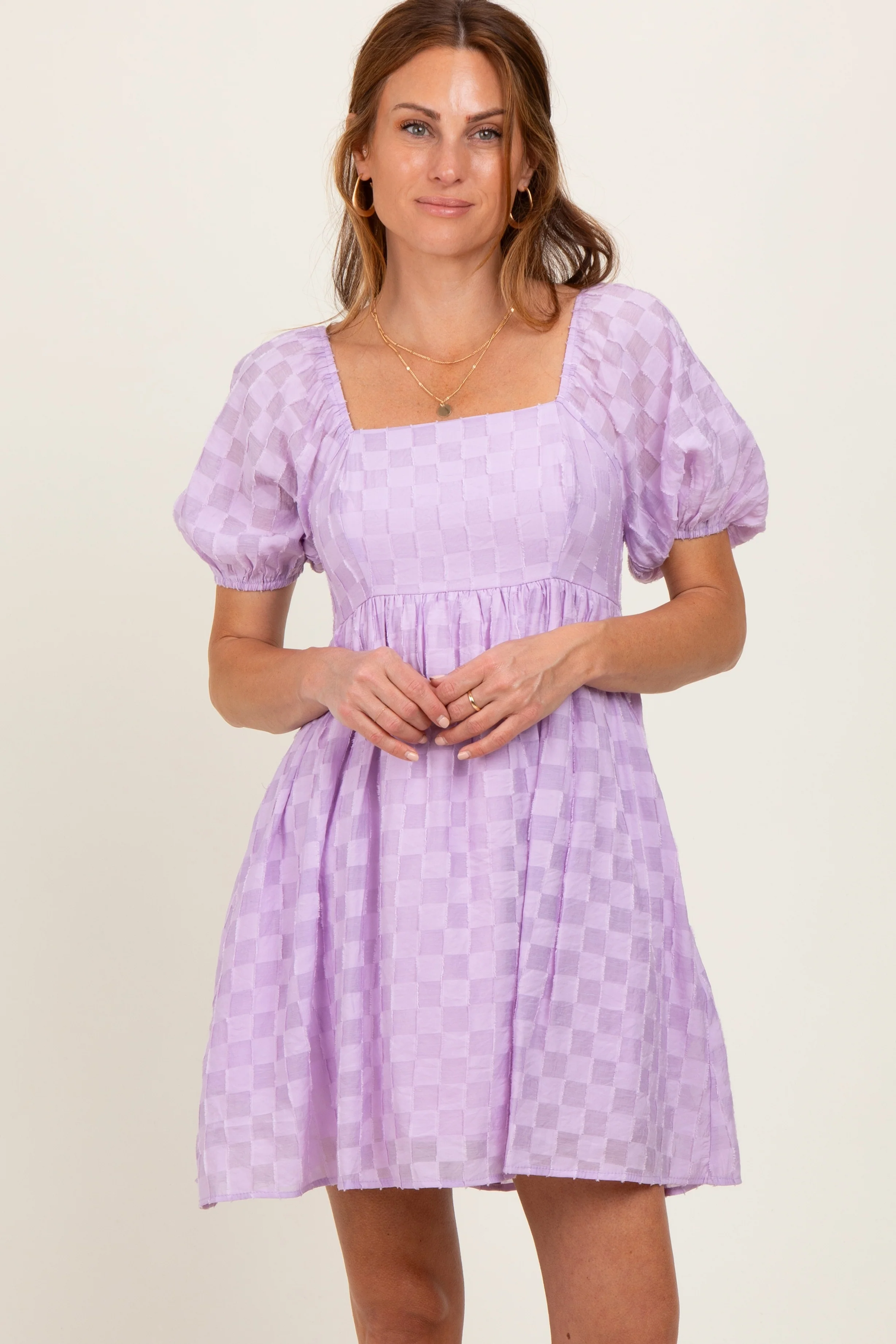 Lavender Smocked Back Textured Babydoll Maternity Mini Dress - Image 5