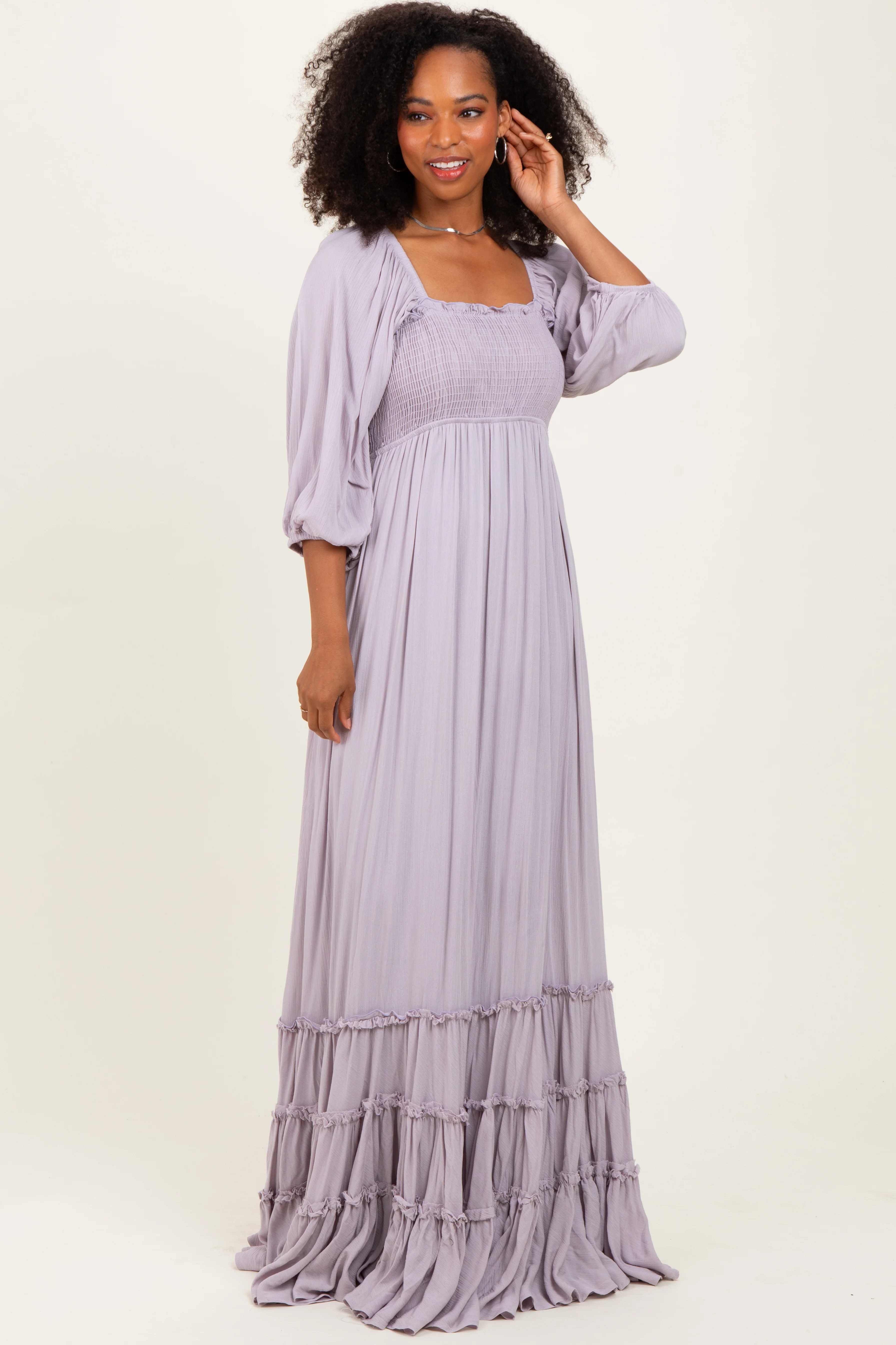 Lavender Solid 3/4 Sleeve Smocked Top Tiered Maternity Maxi Dress - Image 5