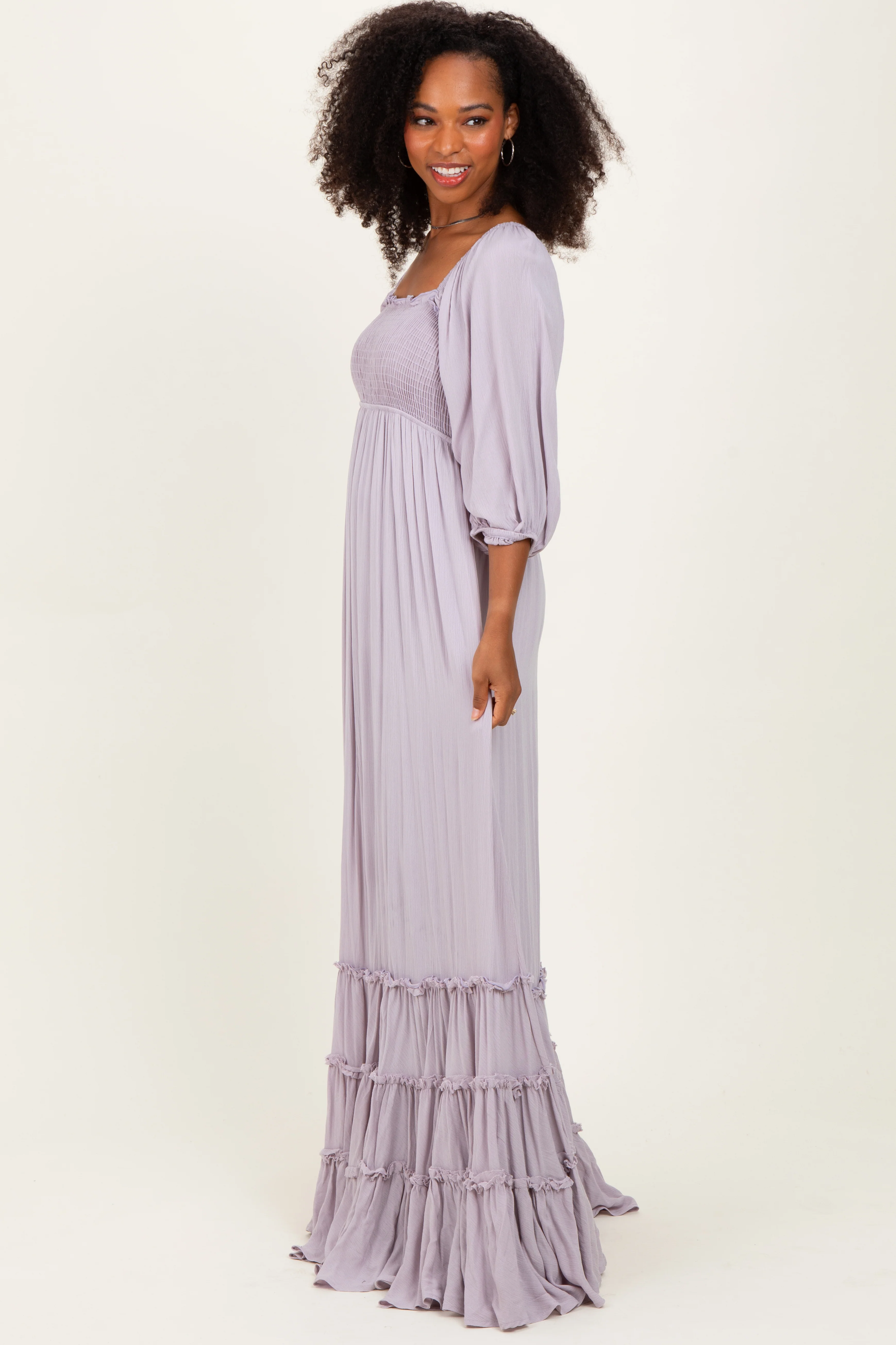 Lavender Solid 3/4 Sleeve Smocked Top Tiered Maxi Dress - Image 3