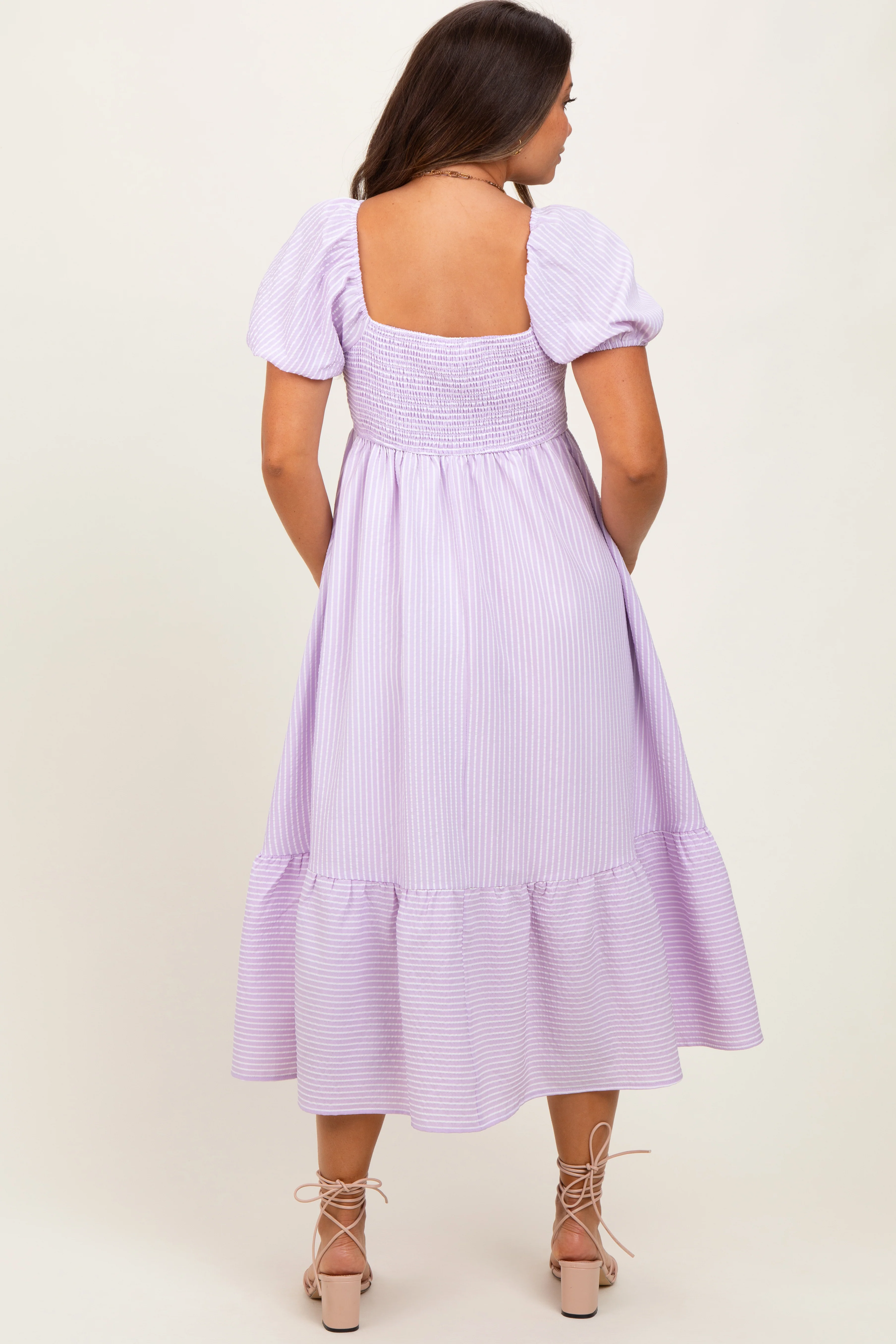 Lavender Sweetheart Stripe Smocked Back Maternity Midi Dress - Image 3