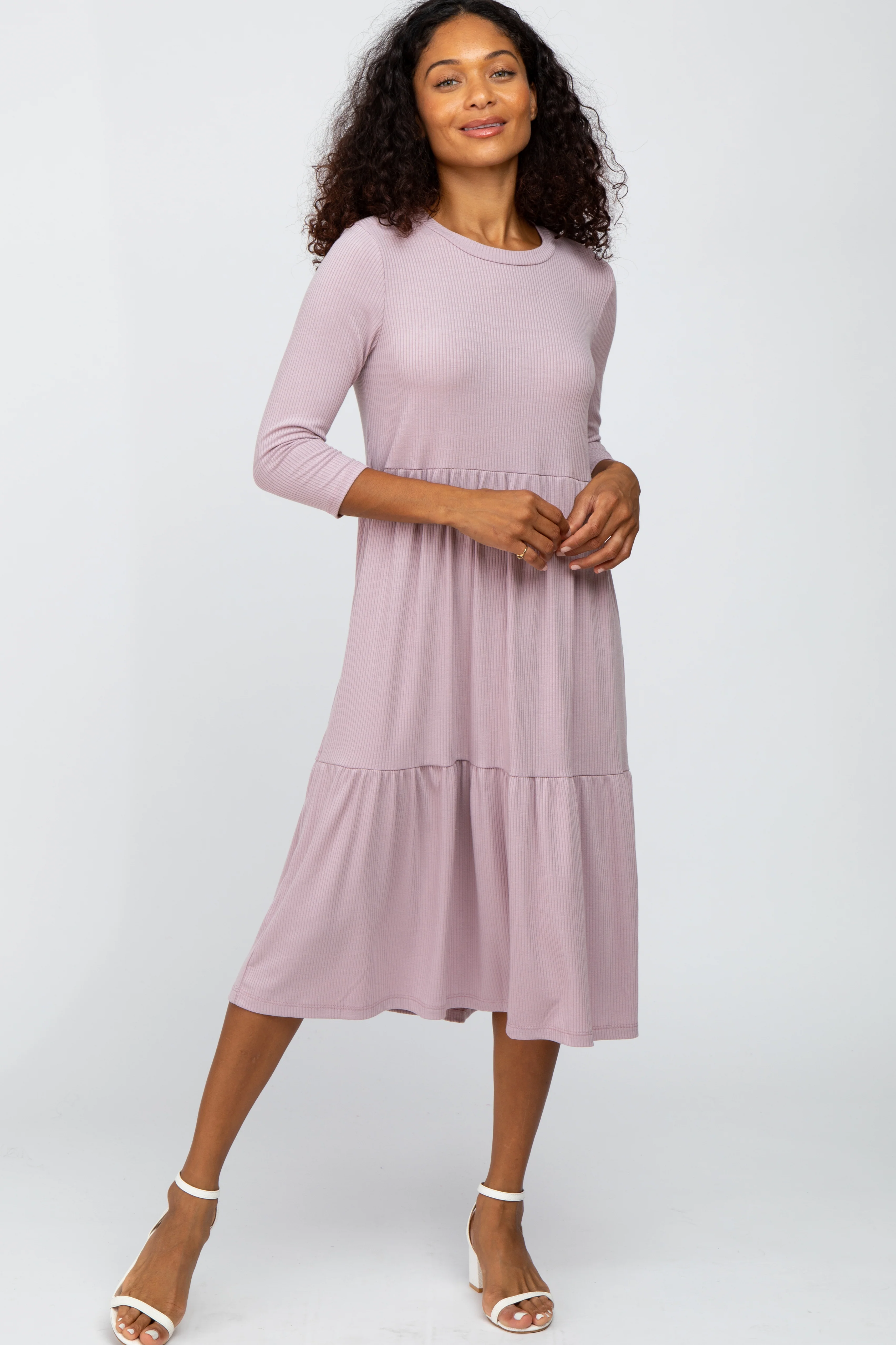 Lavender Tiered Ribbed 3/4 Sleeve Maternity Midi Dress - Image 5