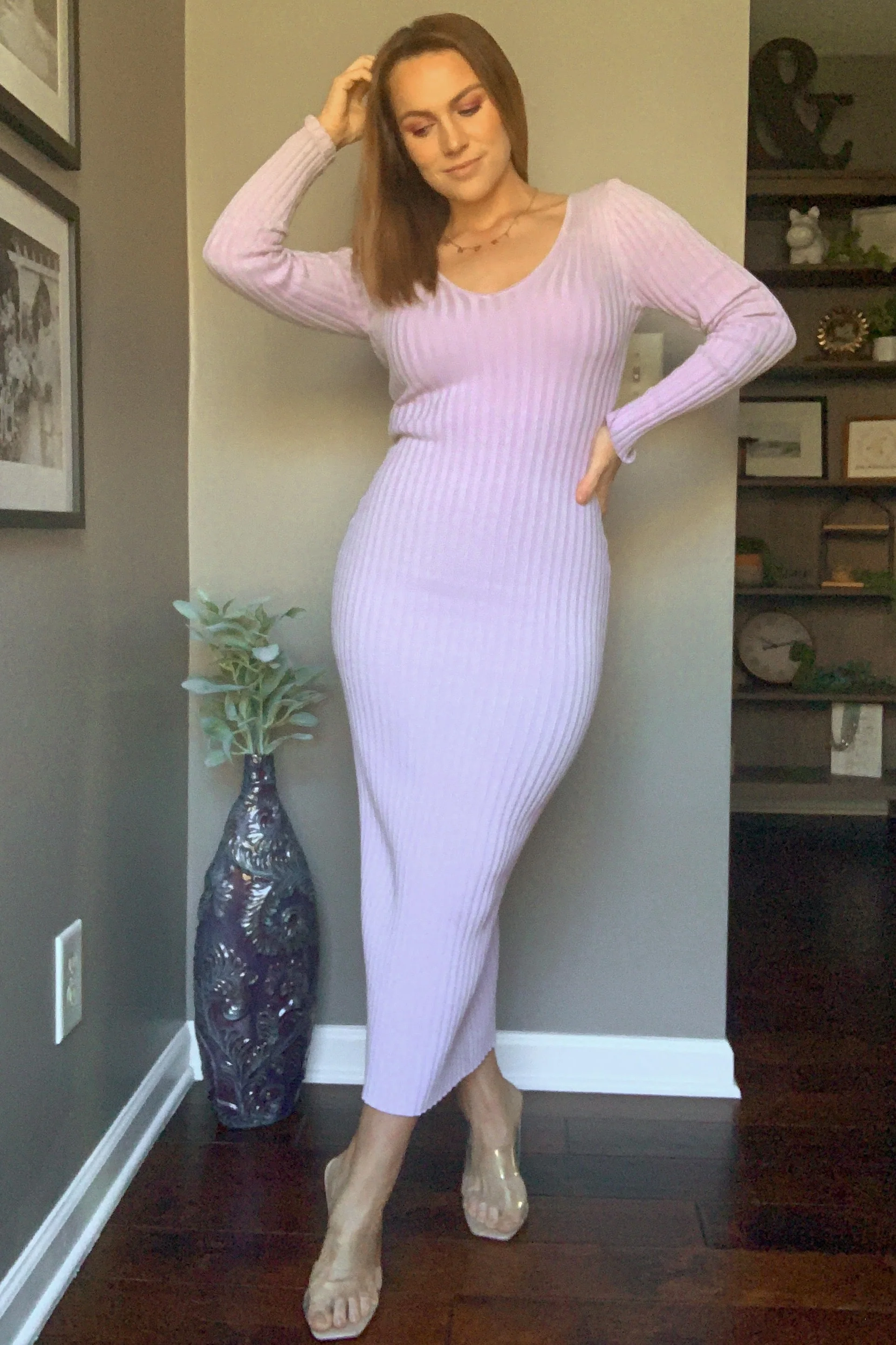Lavender V-Neck Long Sleeve Fitted Maxi Dress - Image 6