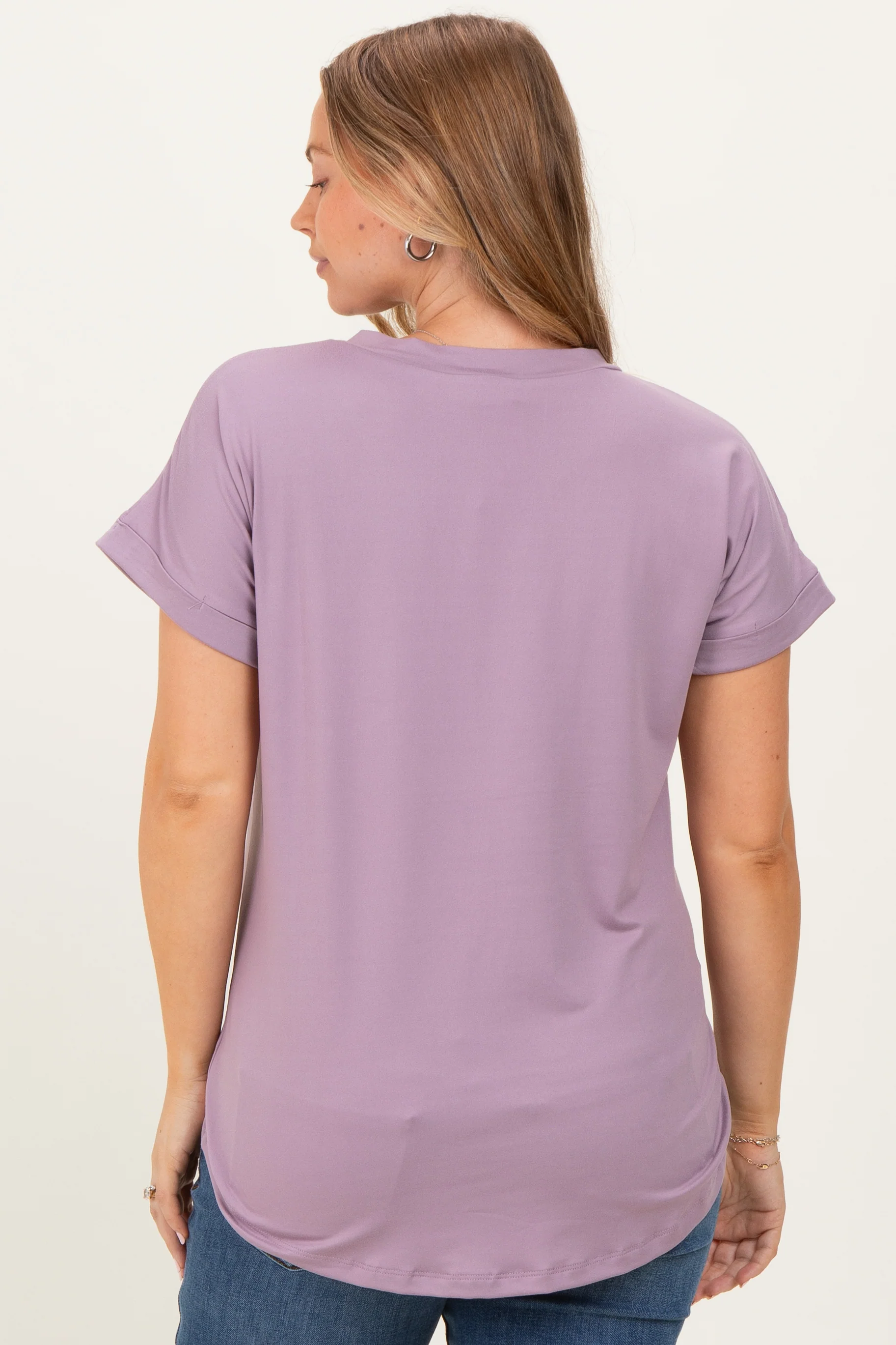 Lavender V-Neck Pocket Short Sleeve Maternity Shirt - Image 4