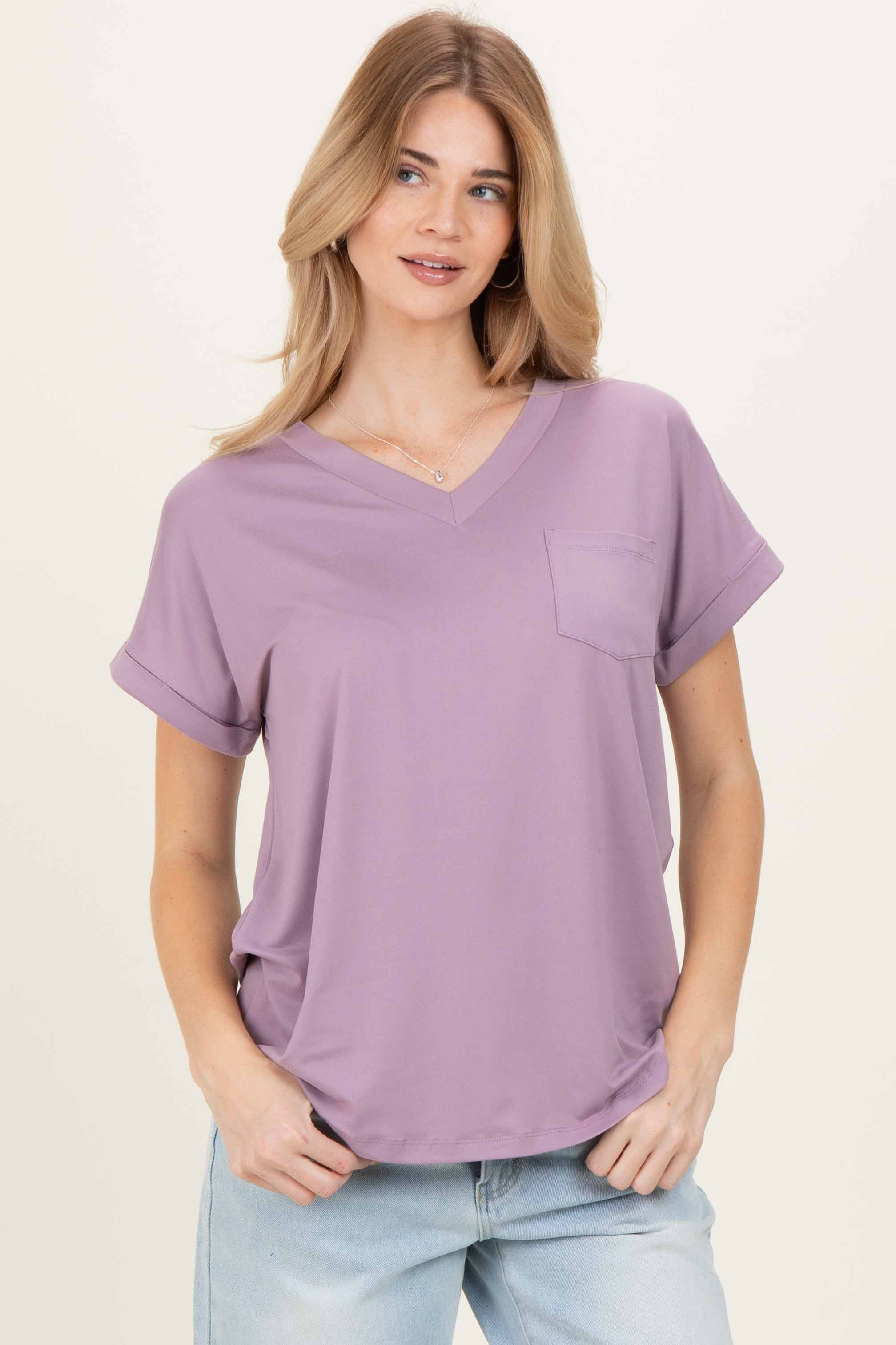 Lavender V-Neck Pocket Short Sleeve Maternity Shirt - Image 5