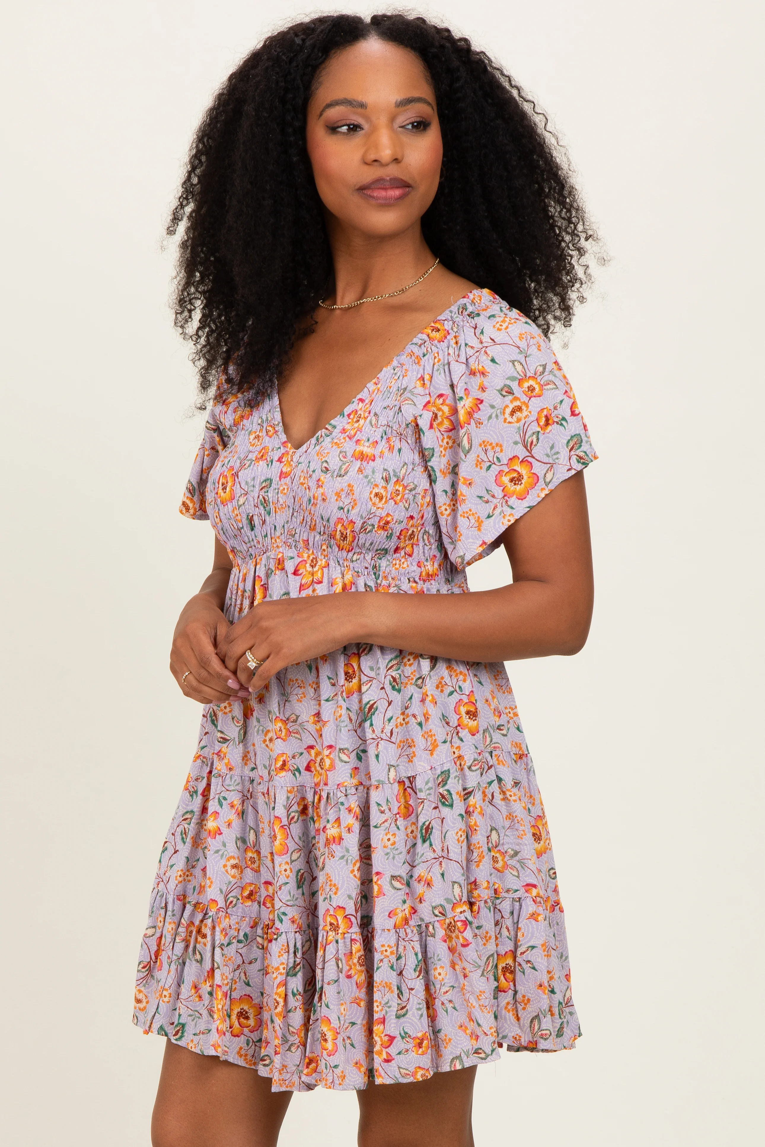 Lavender V Neck Smocked Bodice Floral Print Dress - Image 3