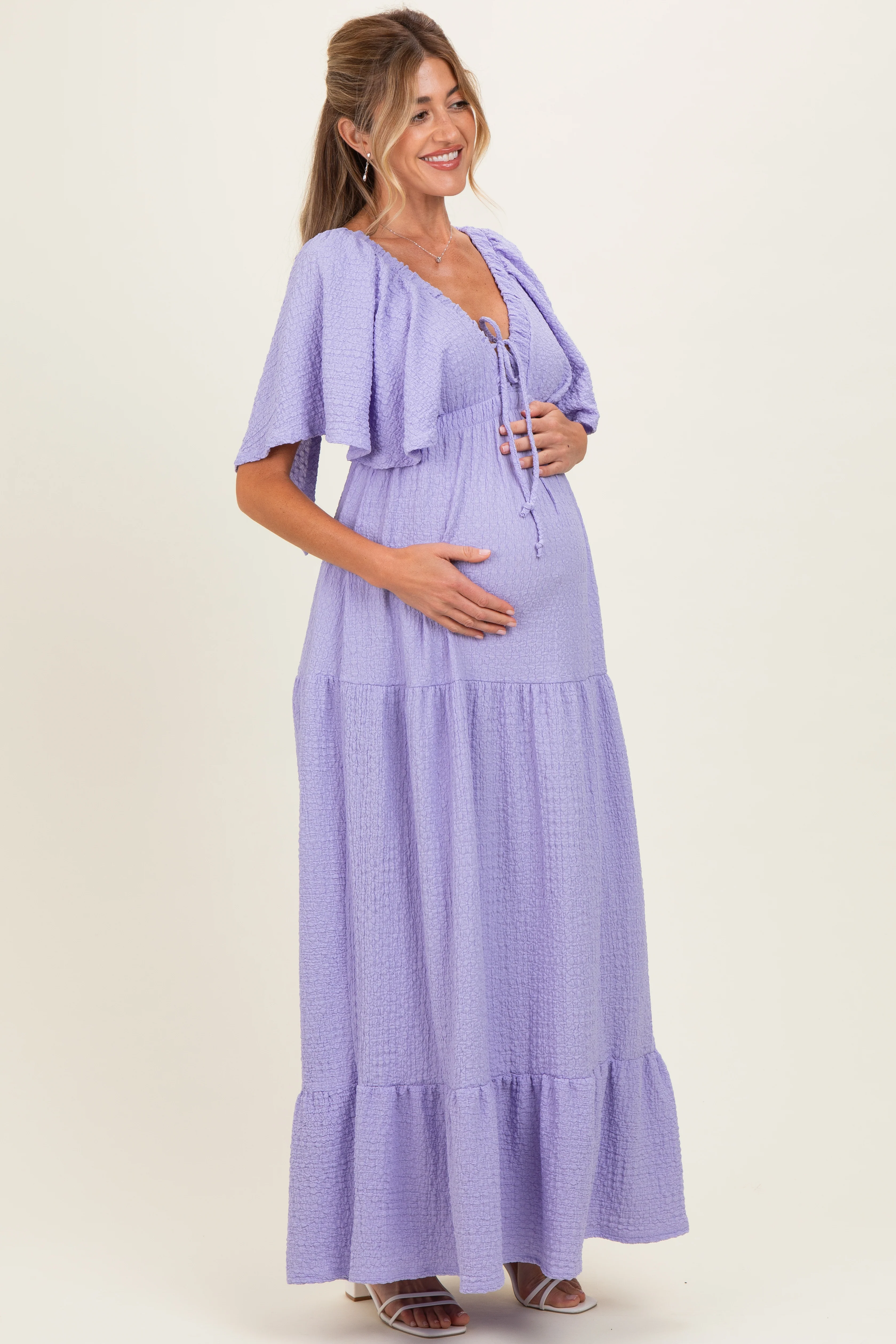 Lavender Woven Textured Flutter Sleeve V-Neck Tiered Maternity Maxi Dress - Image 2