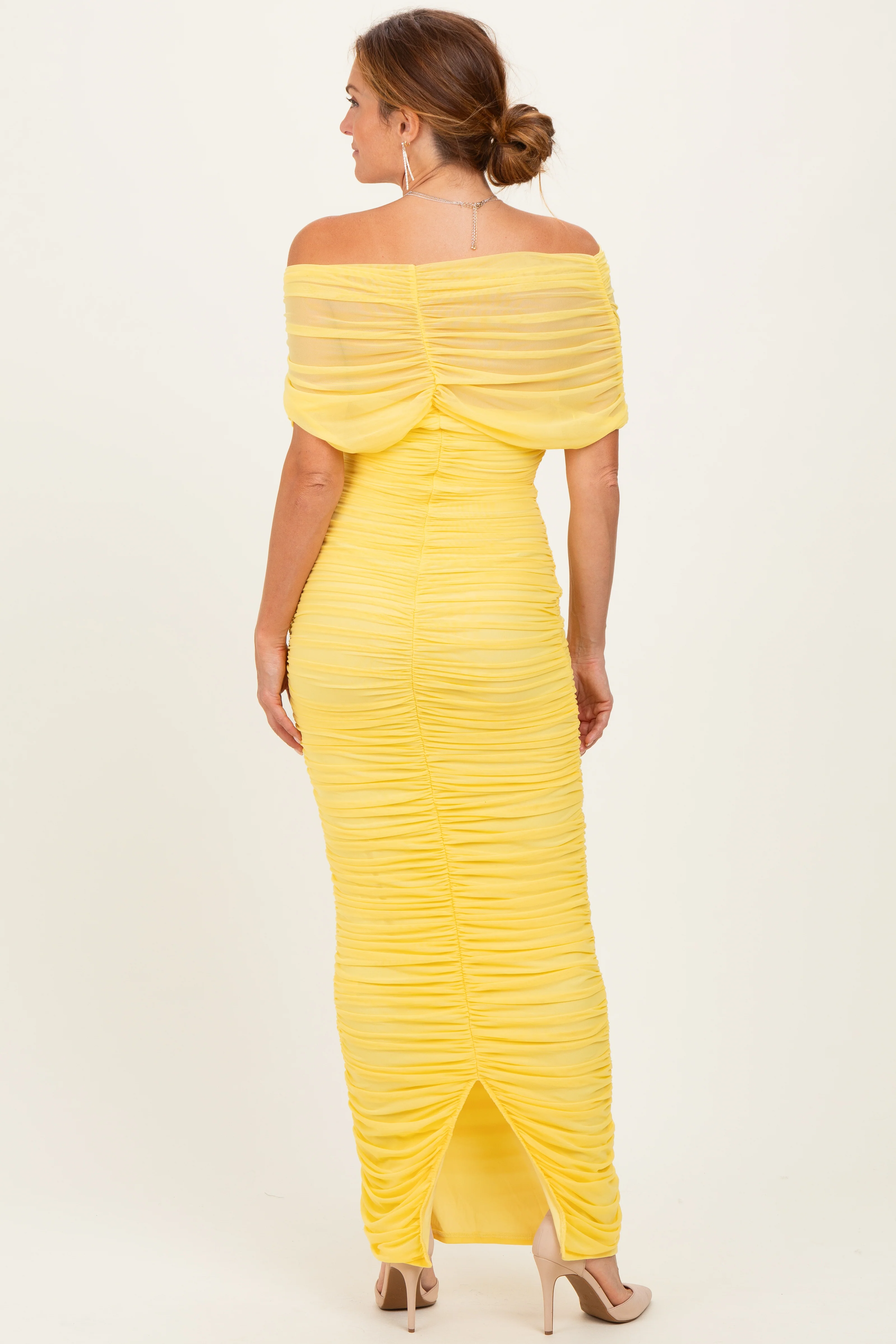 Lemon Ruched Mesh Foldover Off Shoulder Maxi Dress - Image 3