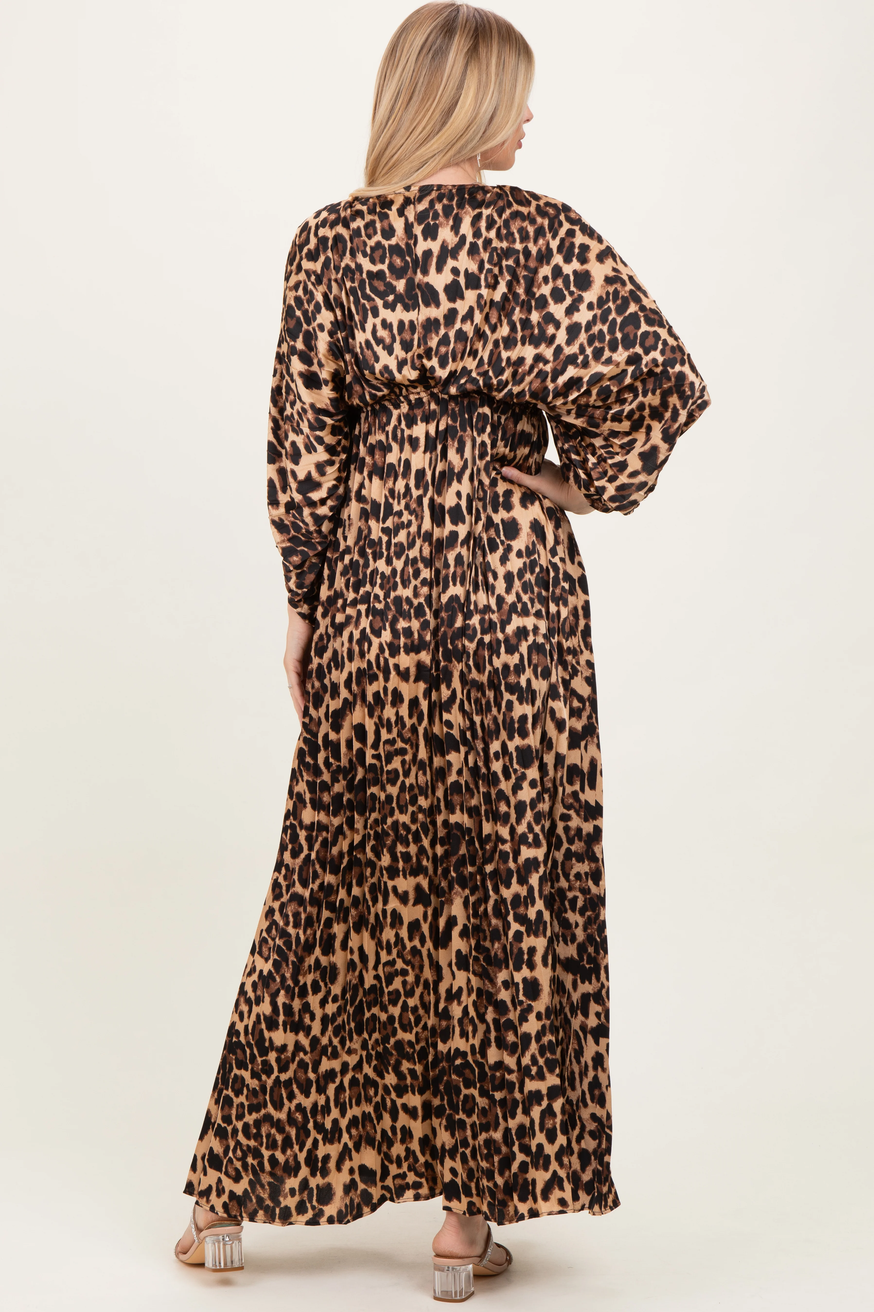 Leopard Pleated V Neck Satin Maxi Dress - Image 4