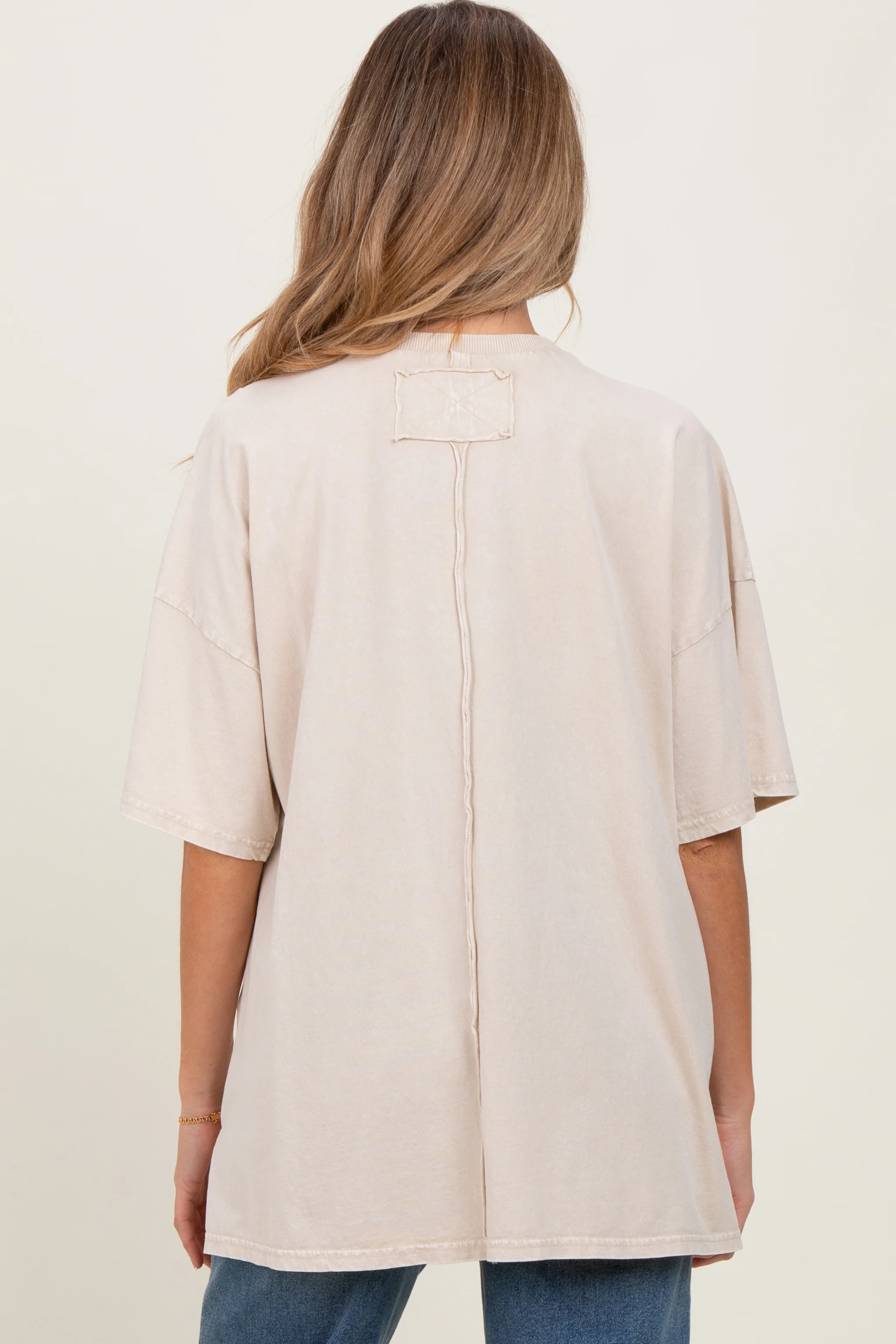 Light Beige Mineral Wash Crochet Pocket Maternity Top - Image 3