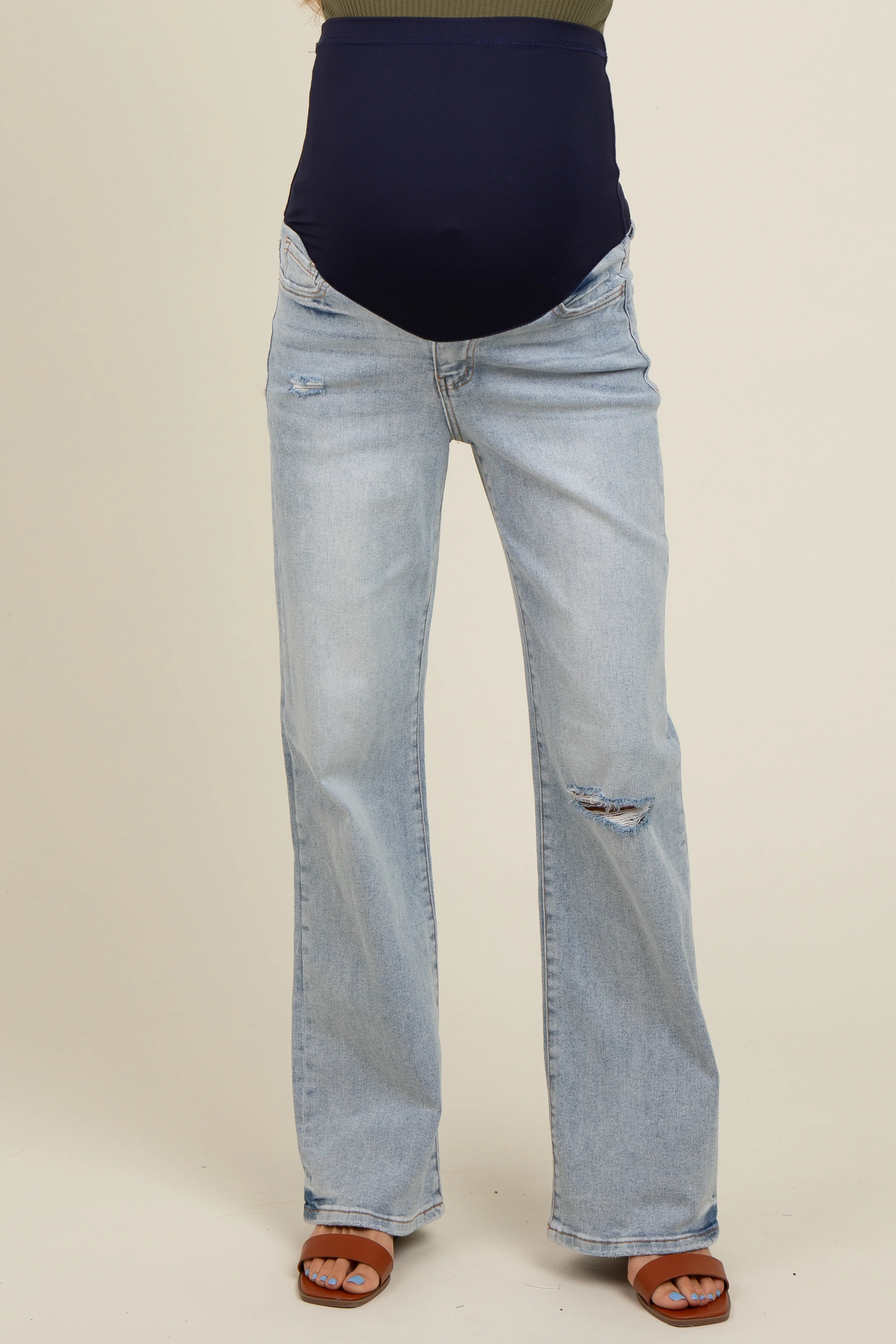 Light Blue Acid Wash Open Knee Maternity Bootcut Jeans - Image 3