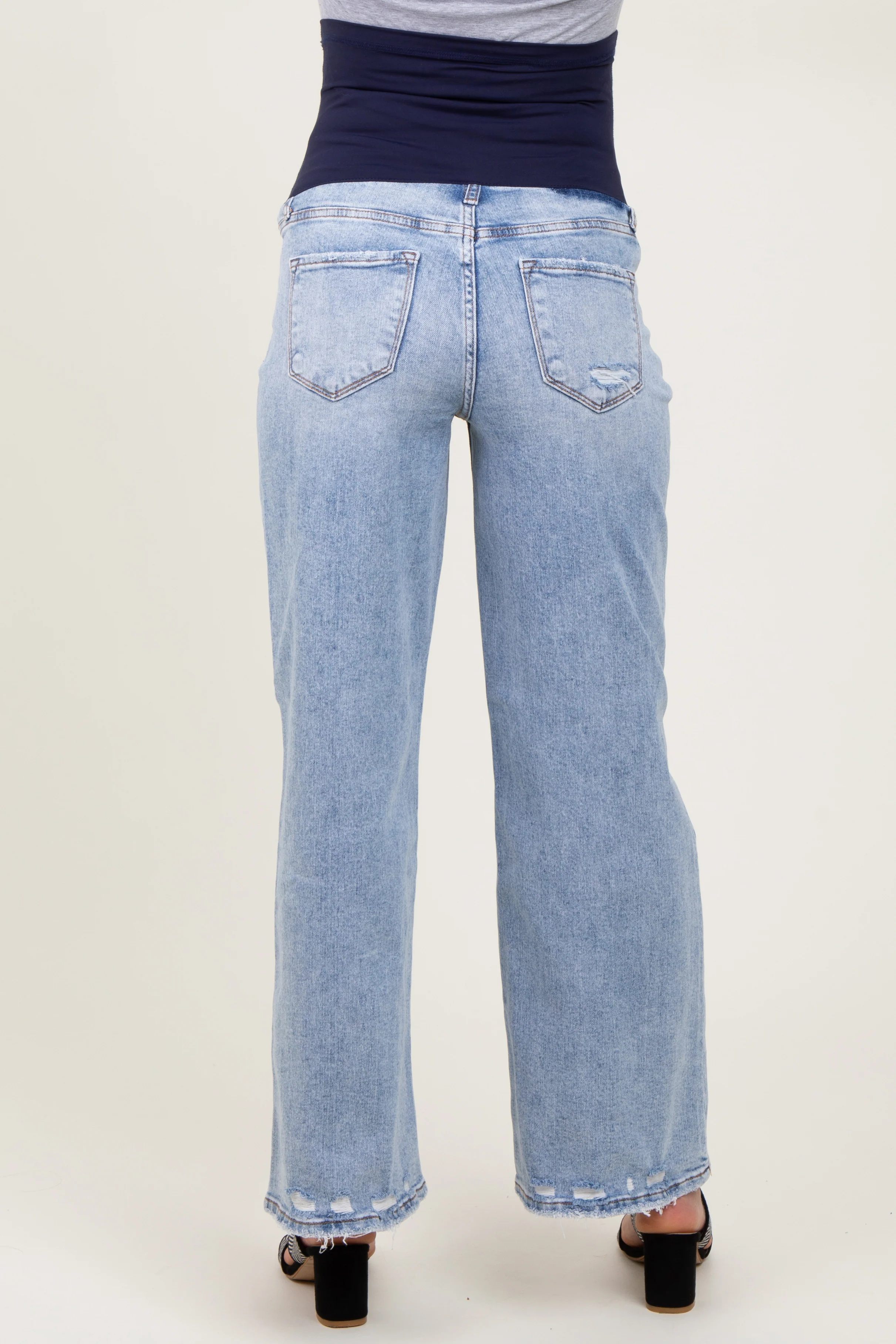 Light Blue Acid Wash Open Knee Wide Leg Maternity Jeans - Image 5