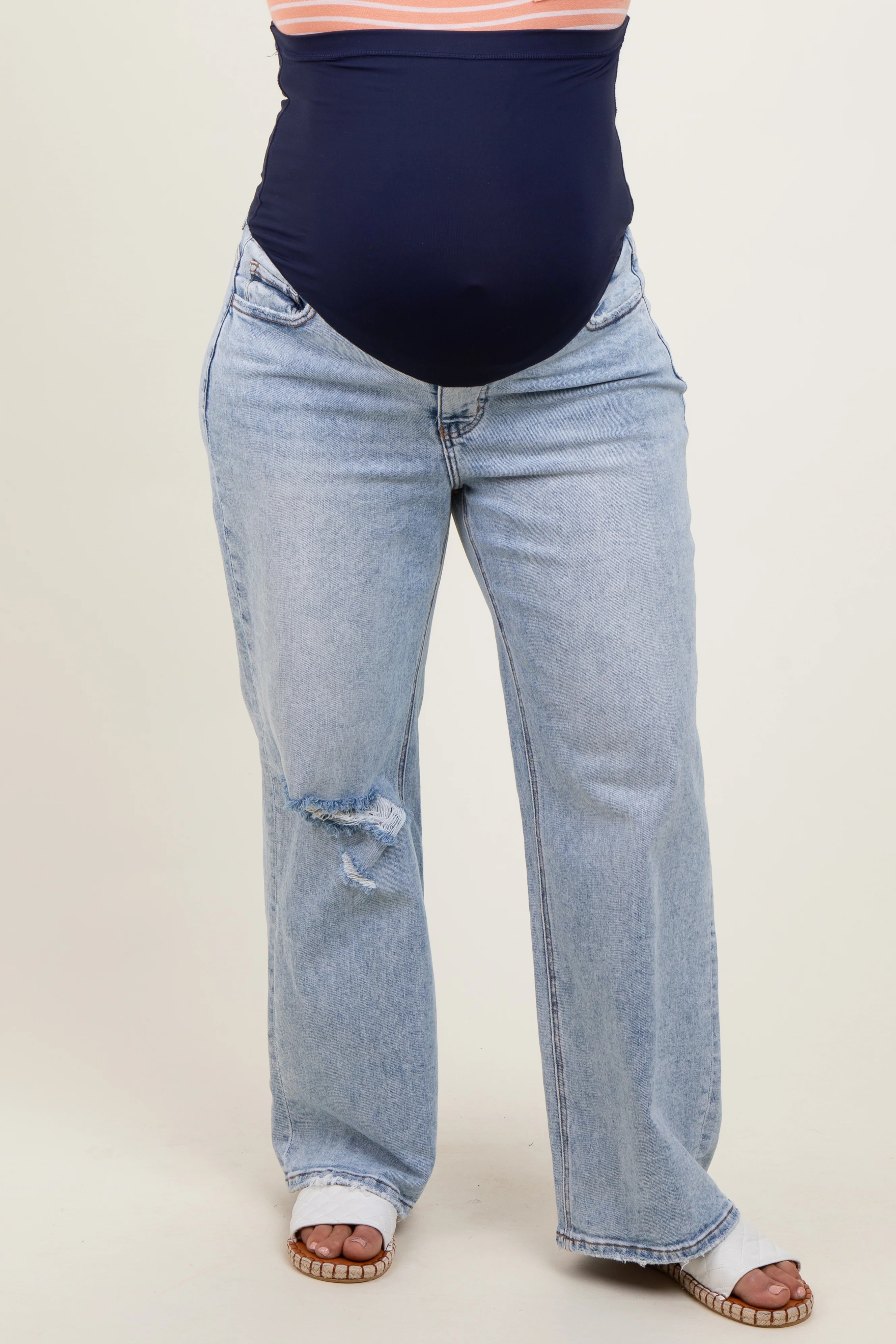 Light Blue Acid Wash Open Knee Wide Leg Maternity Plus Jeans - Image 2