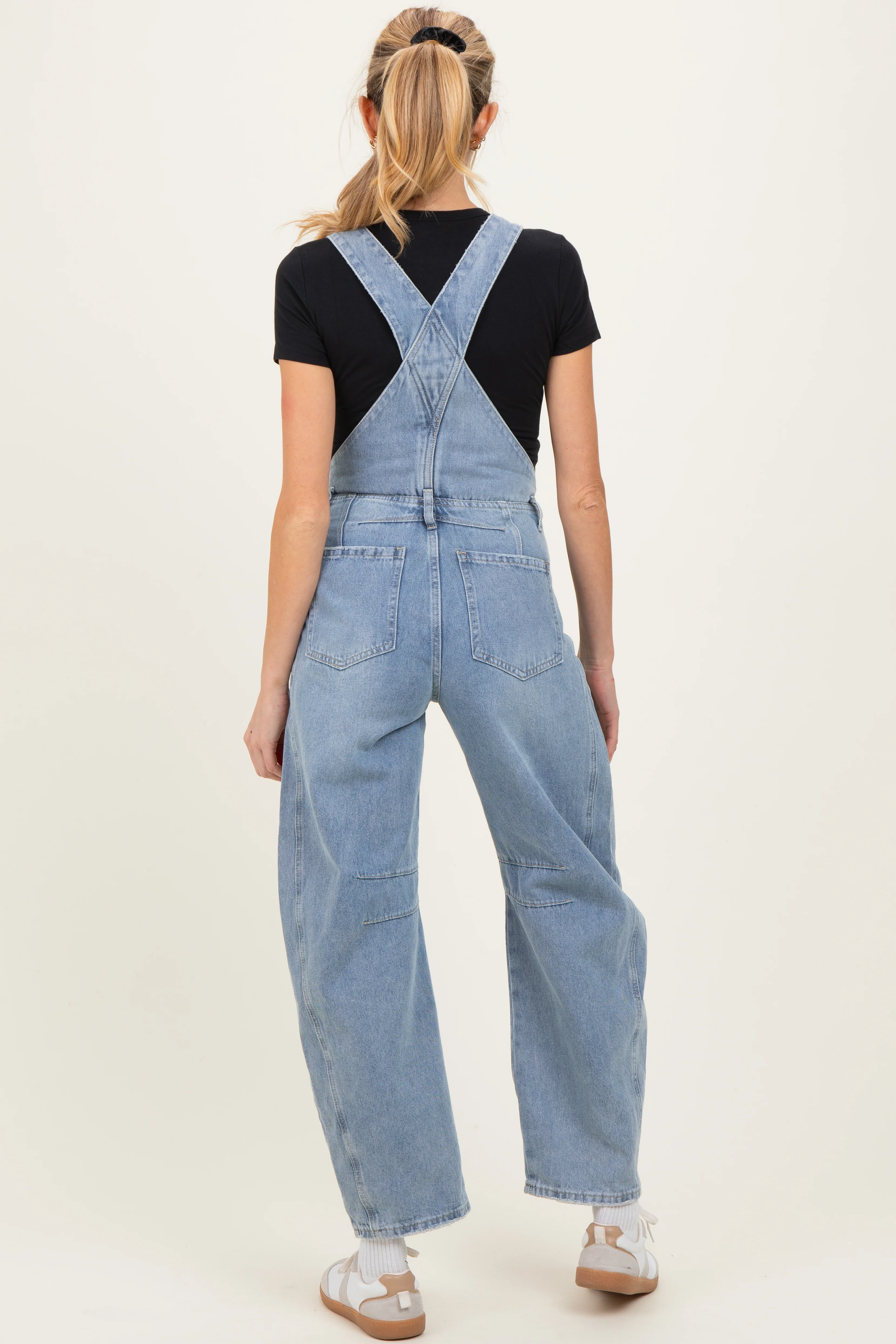 Light Blue Barrel Leg Maternity Denim Overalls - Image 4